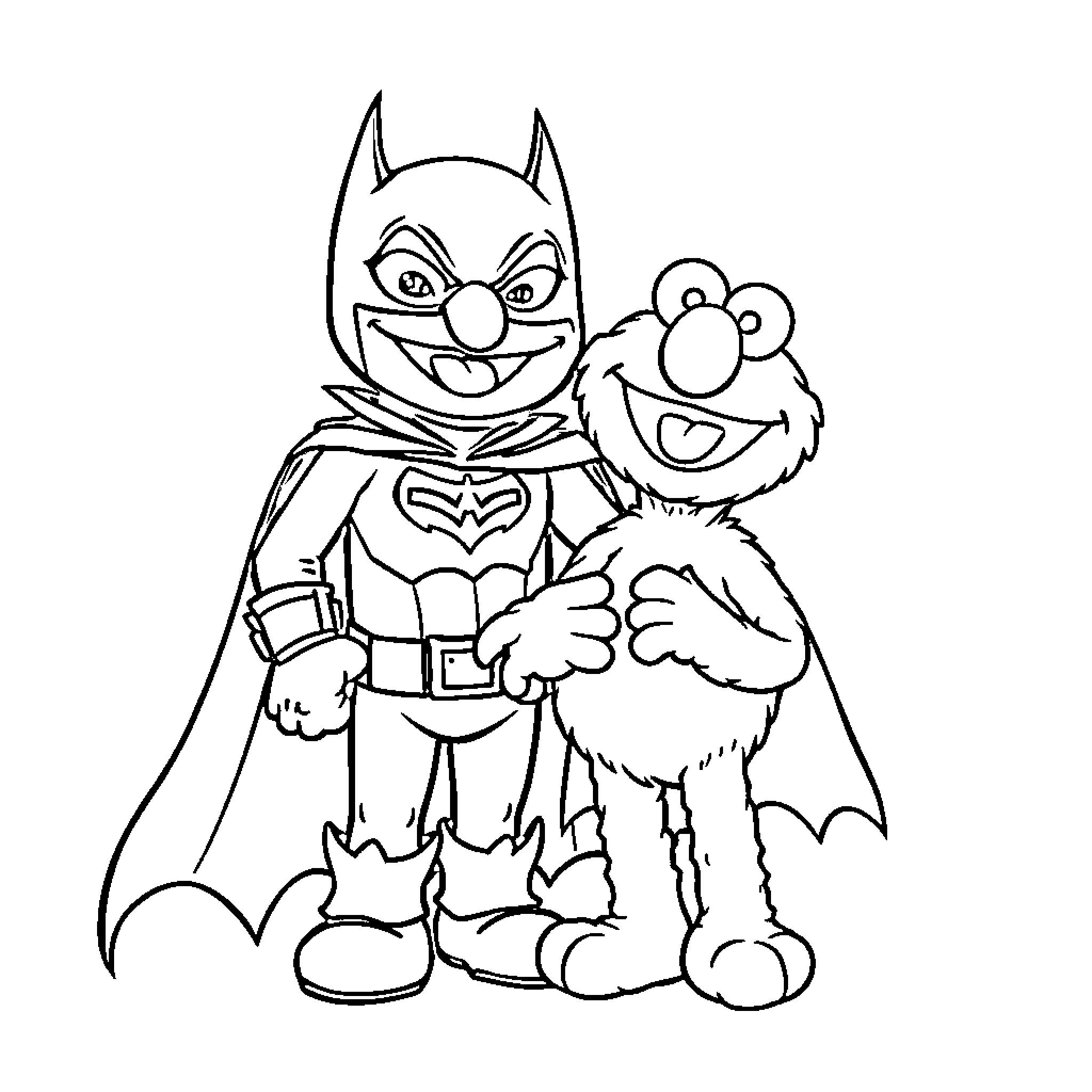Elmo and Batman having fun together Coloring Page (free black-and-white line drawing printable PDF for all, from beginners to advanced learners, including children, teens, adults, and seniors)