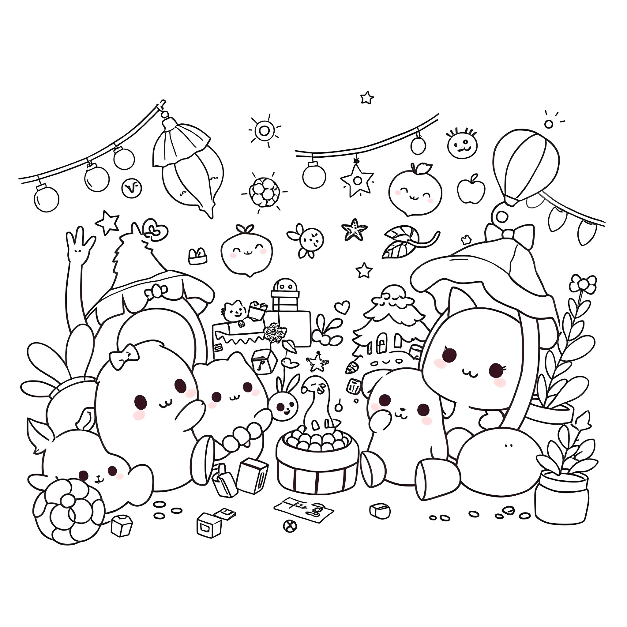 Kawaii Celebration with Happy Creatures and Festive Decorations Coloring Page (free black-and-white line drawing printable PDF for all, from beginners to advanced learners, including children, teens, adults, and seniors)