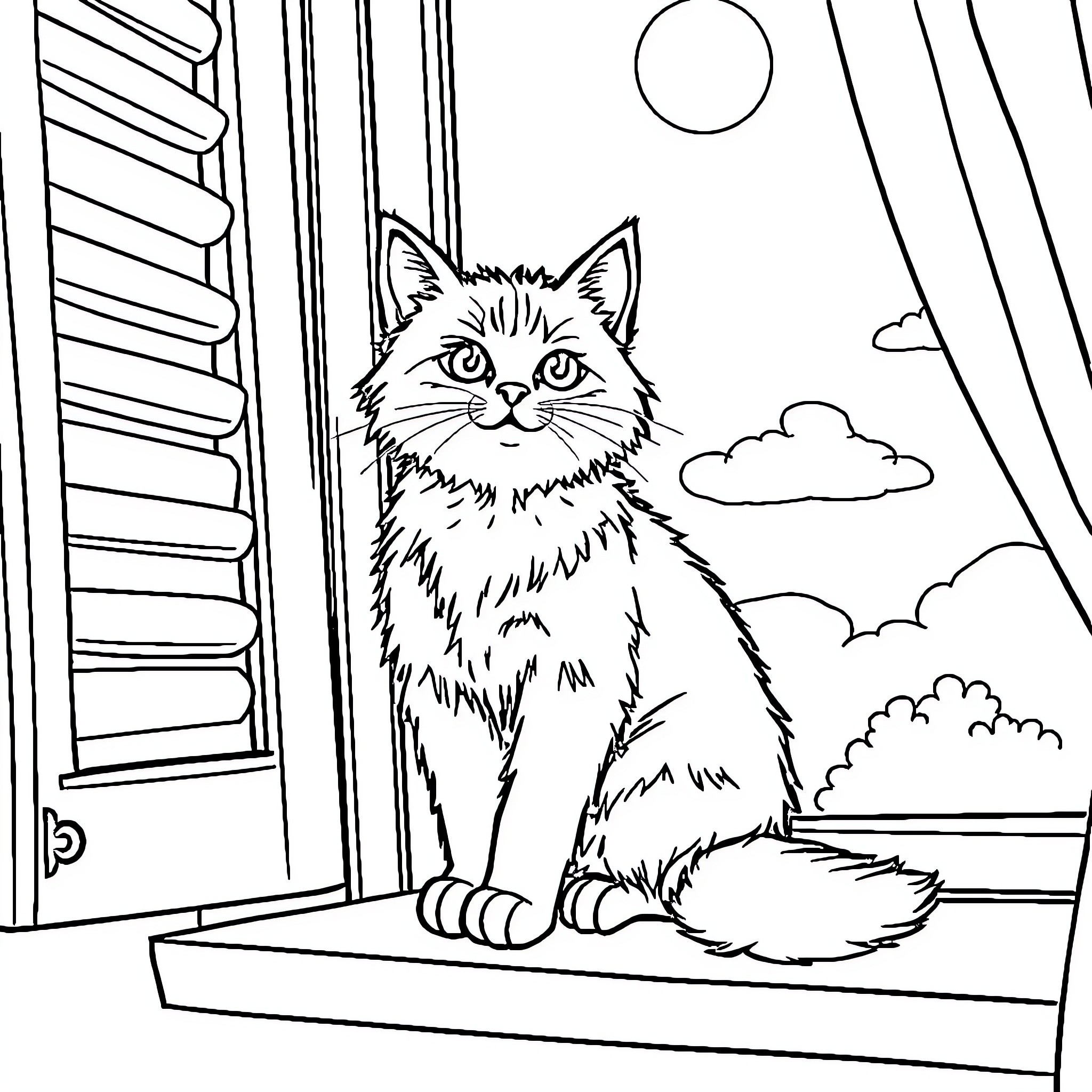 Cat sitting on a windowsill overlooking a scenic view Coloring Page (free black-and-white line drawing printable PDF for all, from beginners to advanced learners, including children, teens, adults, and seniors)