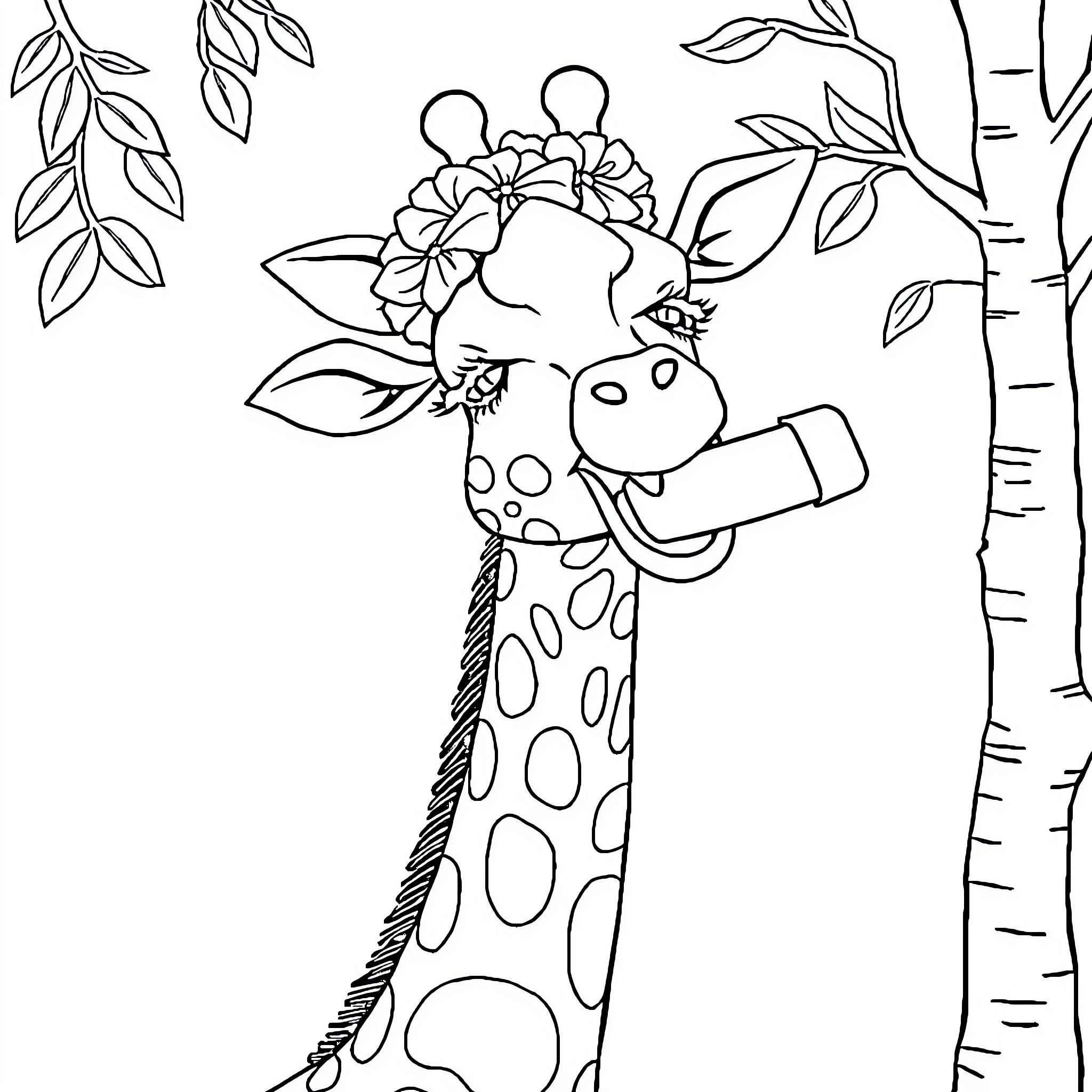 Giraffe enjoying flowers in the forest Coloring Page (free black-and-white line drawing printable PDF for all, from beginners to advanced learners, including children, teens, adults, and seniors)