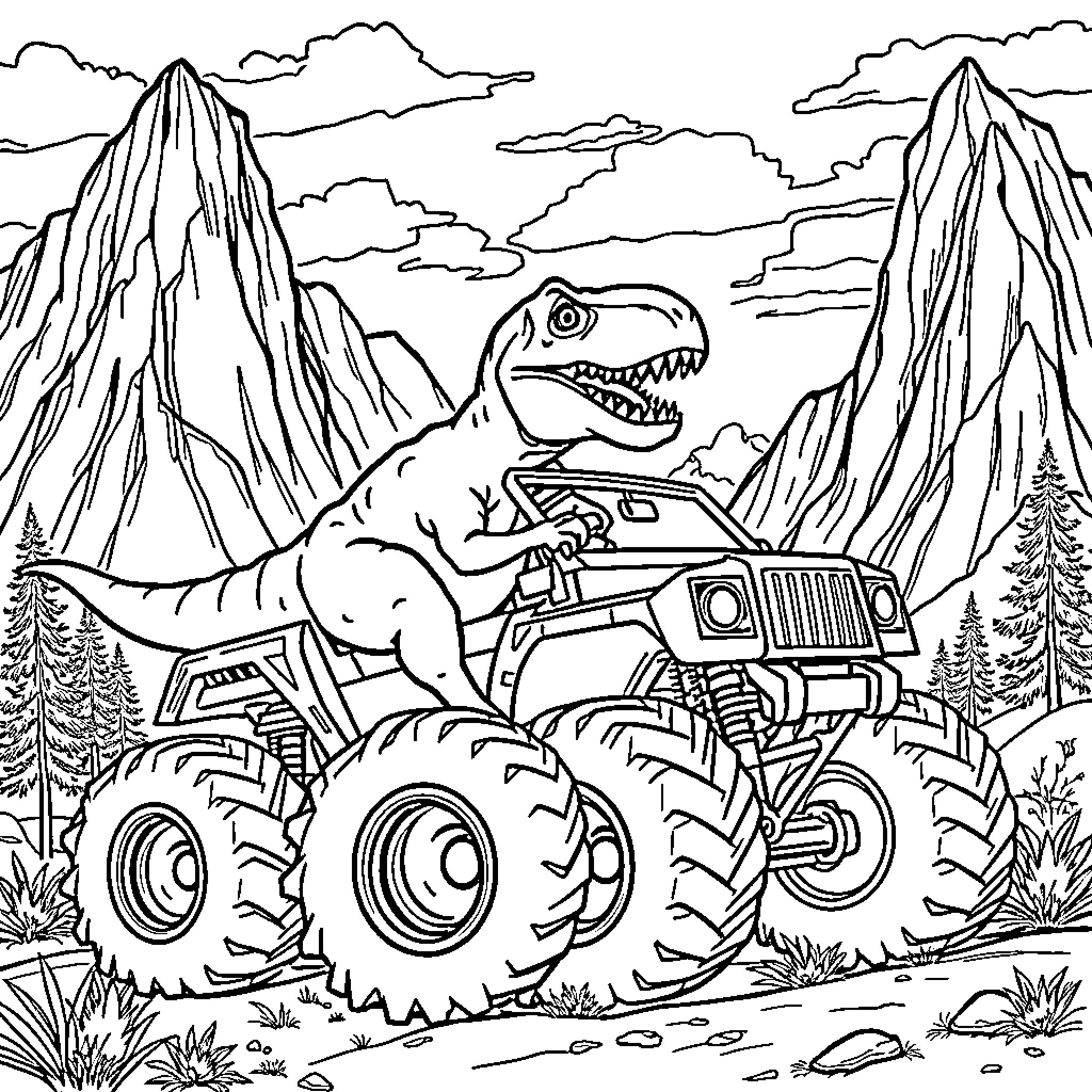 Trex driving monster truck through rugged terrain Coloring Page (free black-and-white line drawing printable PDF for all, from beginners to advanced learners, including children, teens, adults, and seniors)