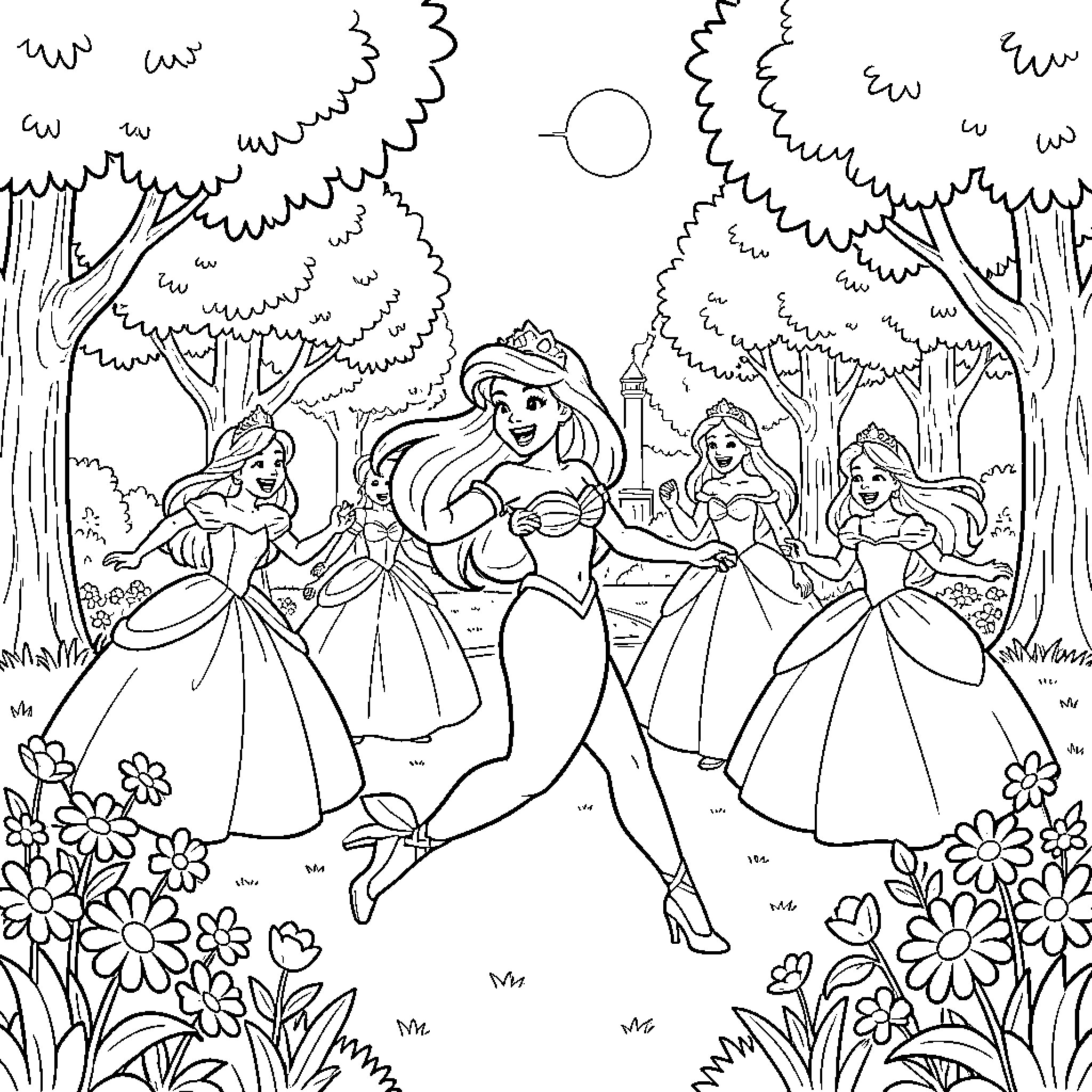 Ariel dancing joyfully with other princesses in a garden Coloring Page (free black-and-white line drawing printable PDF for all, from beginners to advanced learners, including children, teens, adults, and seniors)