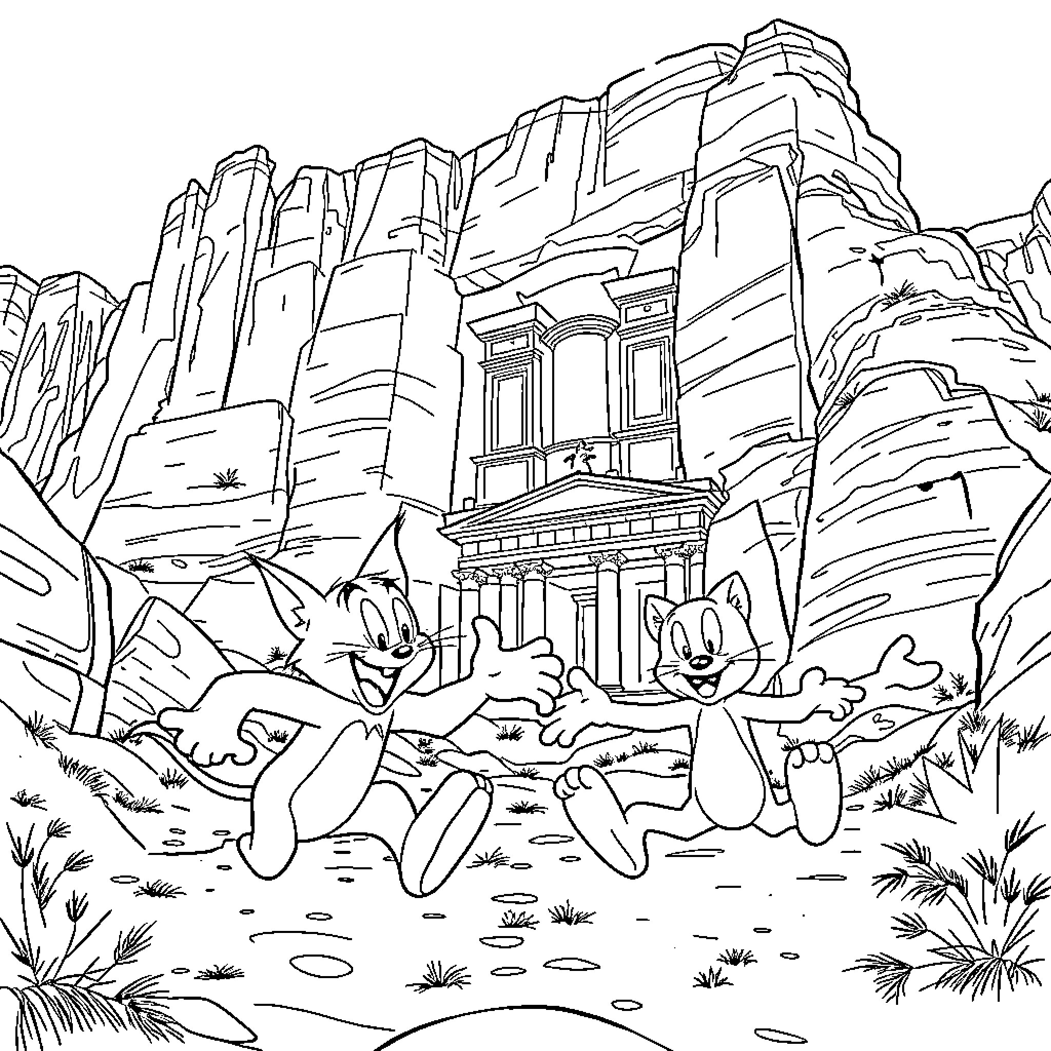 Tom and Jerry's Rocky Mountain Adventure Coloring Page (free black-and-white line drawing printable PDF for all, from beginners to advanced learners, including children, teens, adults, and seniors)