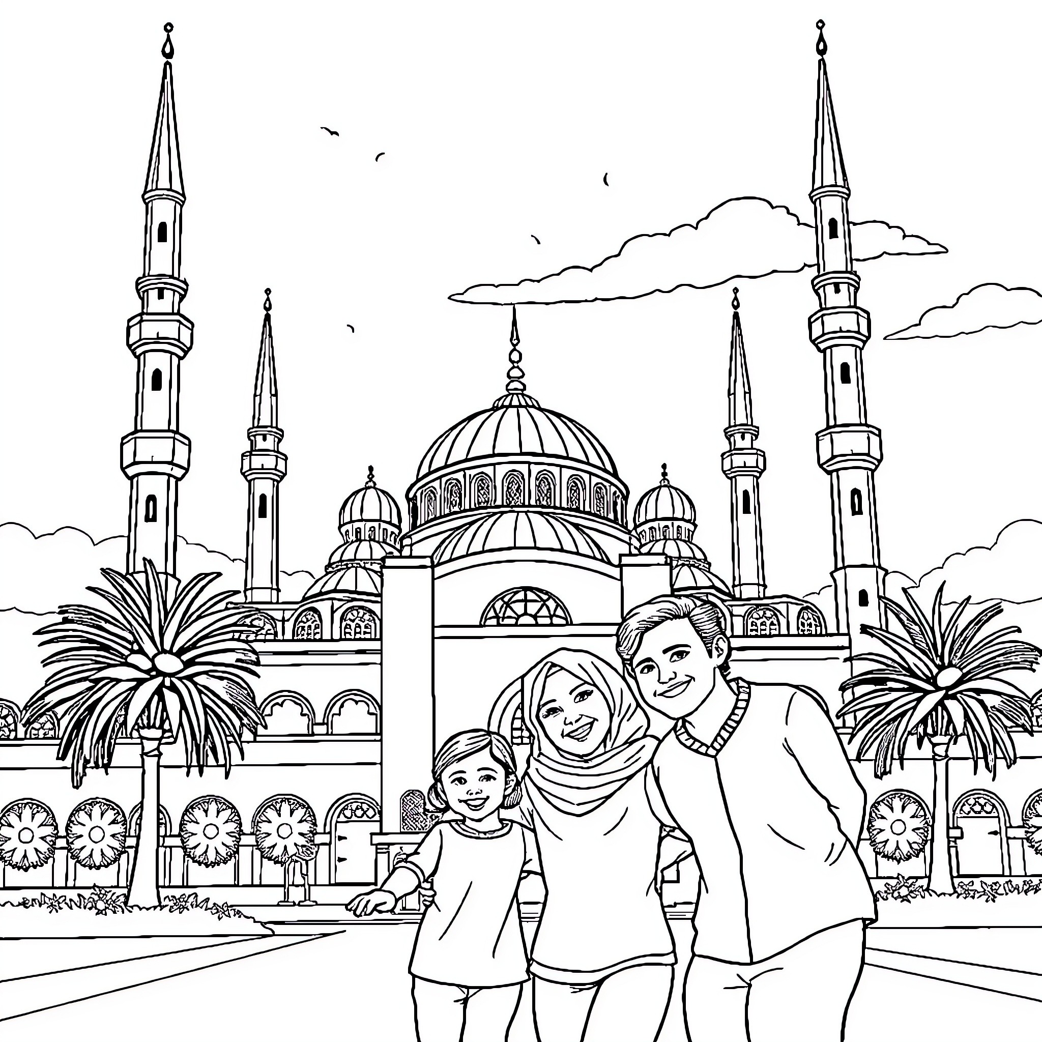 Family visiting a grand mosque together Coloring Page (free black-and-white line drawing printable PDF for all, from beginners to advanced learners, including children, teens, adults, and seniors)