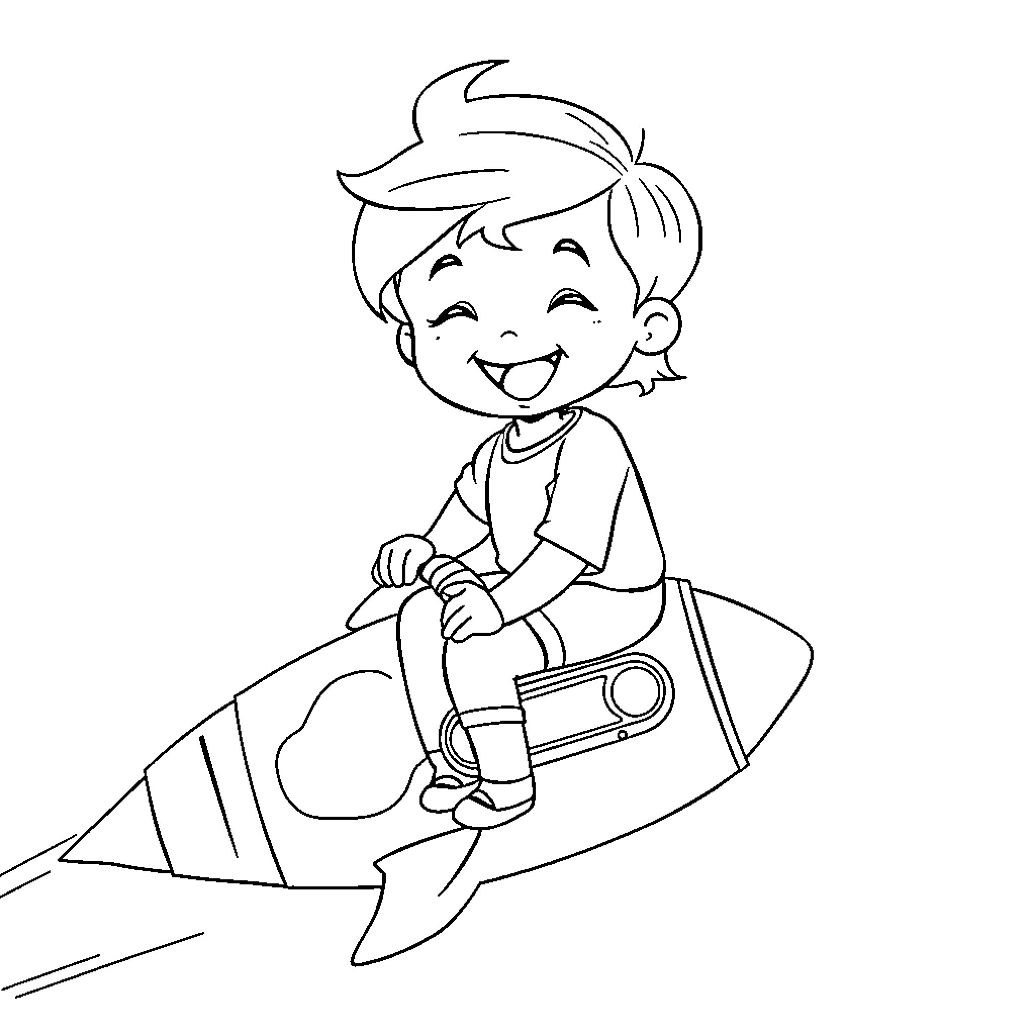 Boy riding a rocket with joy Coloring Page (free black-and-white line drawing printable PDF for all, from beginners to advanced learners, including children, teens, adults, and seniors)