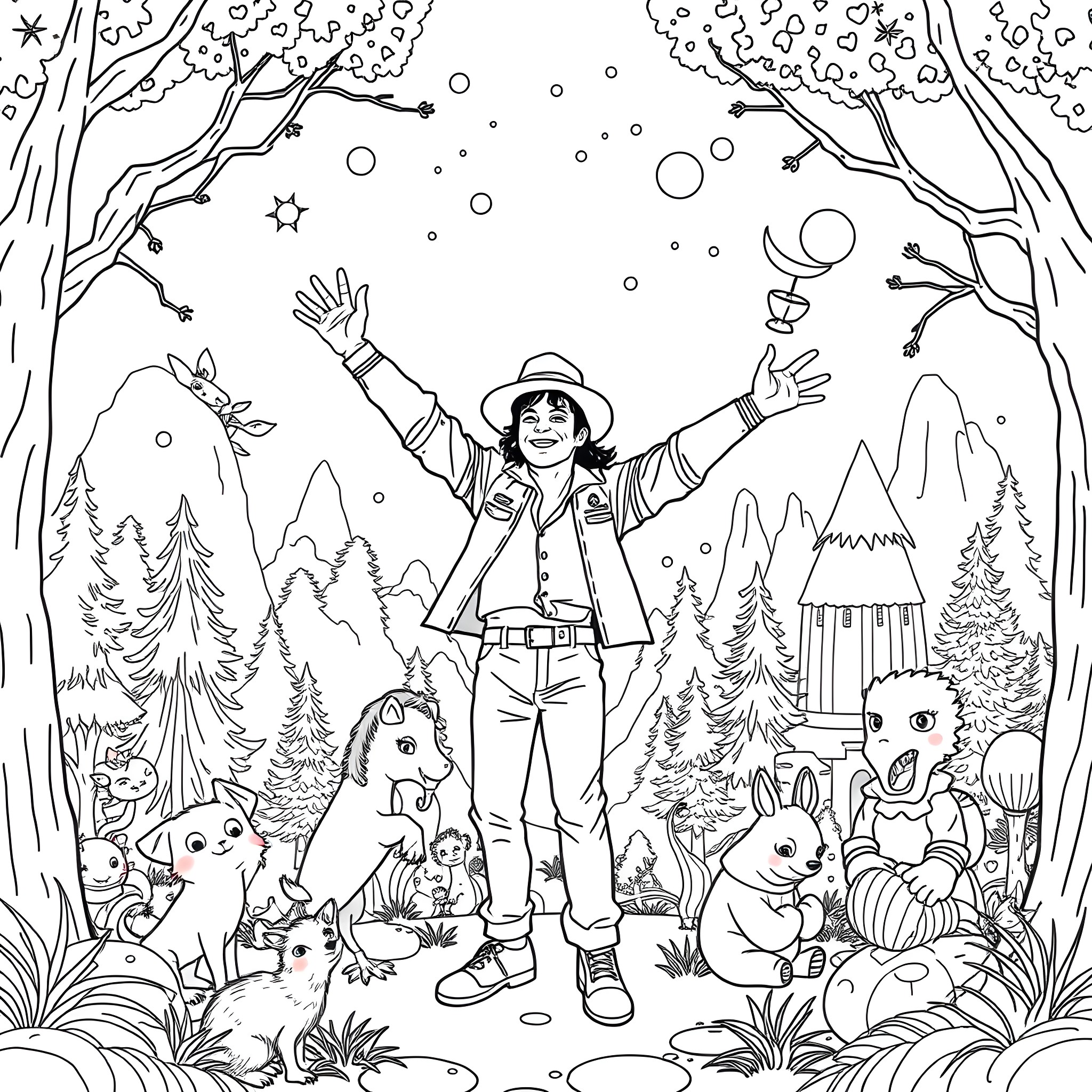 Michael Jackson's Magical Adventure in the Forest Coloring Page (free black-and-white line drawing printable PDF for all, from beginners to advanced learners, including children, teens, adults, and seniors)
