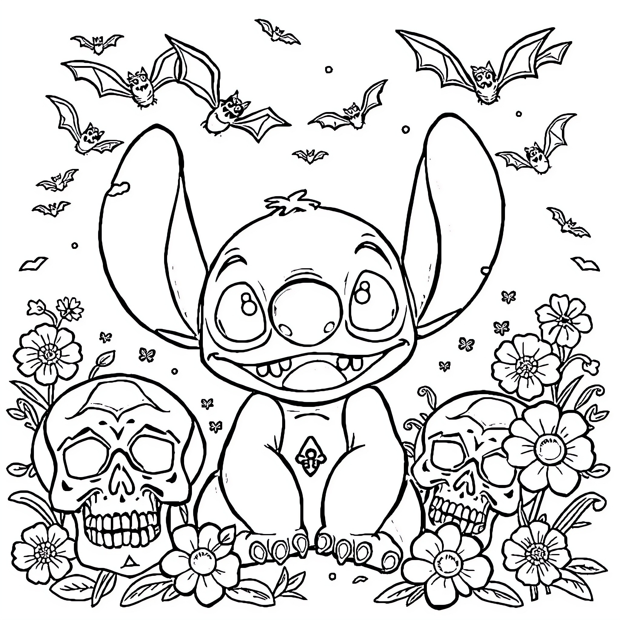 Stitch surrounded by whimsical Halloween creatures Coloring Page (free black-and-white line drawing printable PDF for all, from beginners to advanced learners, including children, teens, adults, and seniors)