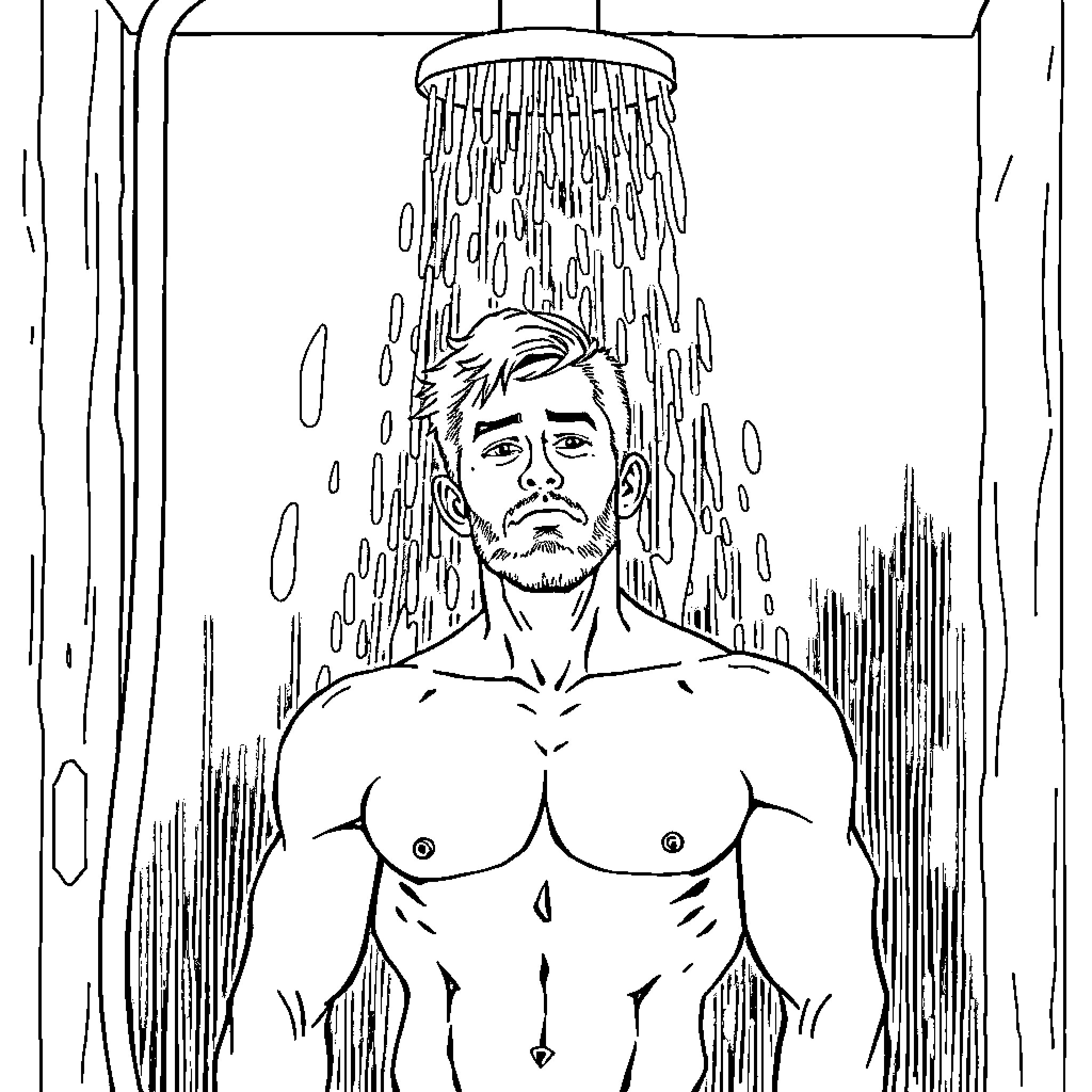 Ben showering in the rain with a thoughtful expression Coloring Page (free black-and-white line drawing printable PDF for all, from beginners to advanced learners, including children, teens, adults, and seniors)