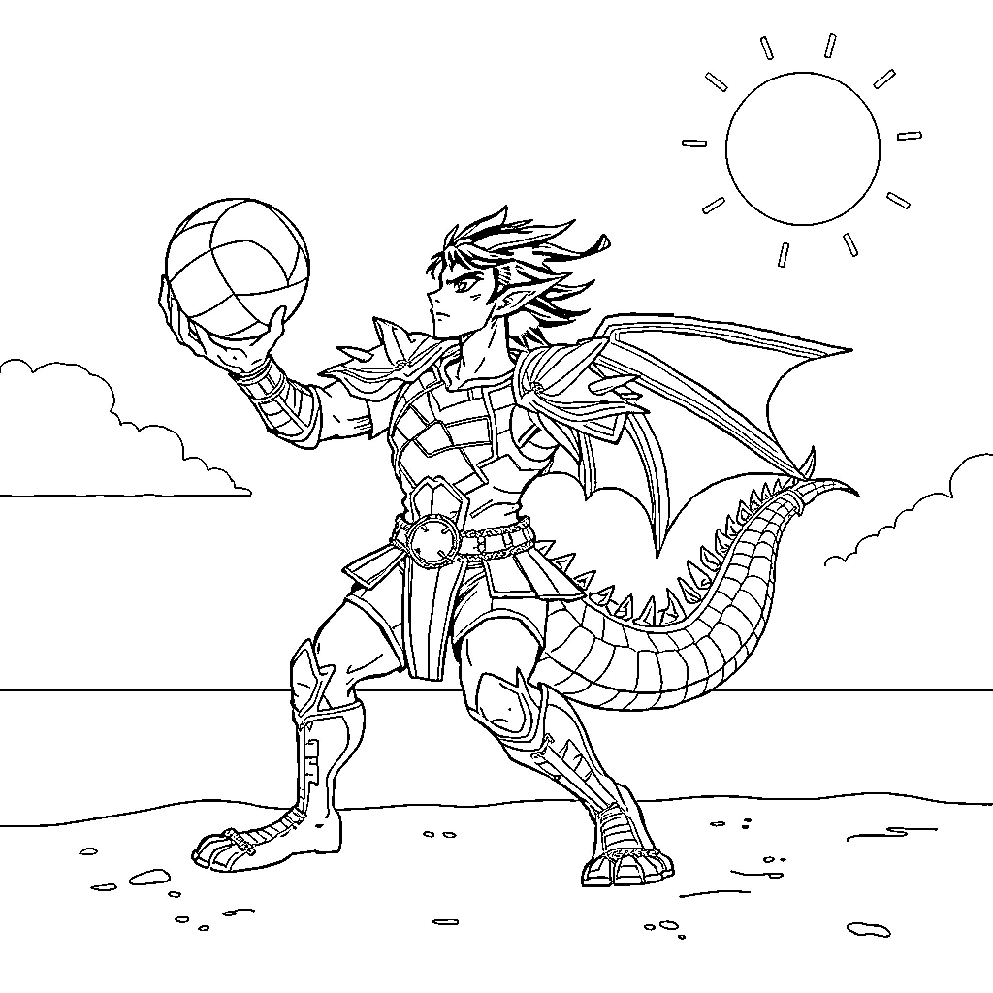 Shiryu in battle with dragon-like armor Coloring Page (free black-and-white line drawing printable PDF for all, from beginners to advanced learners, including children, teens, adults, and seniors)