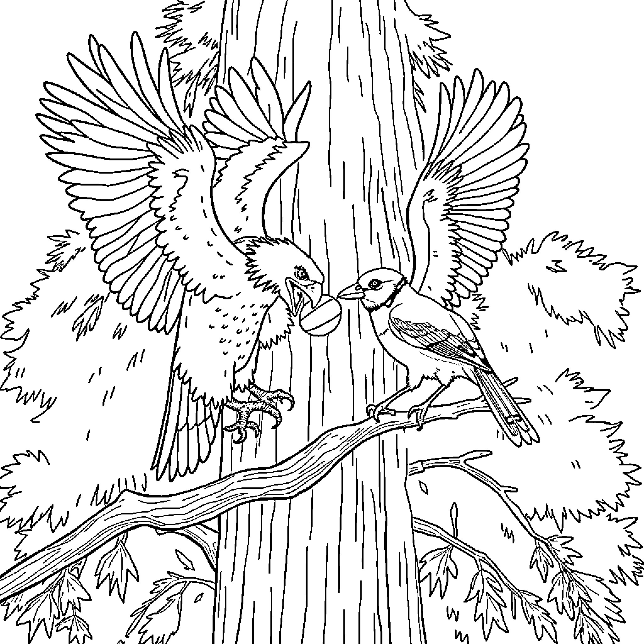 Eagle pair perching on tree branch Coloring Page (free black-and-white line drawing printable PDF for all, from beginners to advanced learners, including children, teens, adults, and seniors)