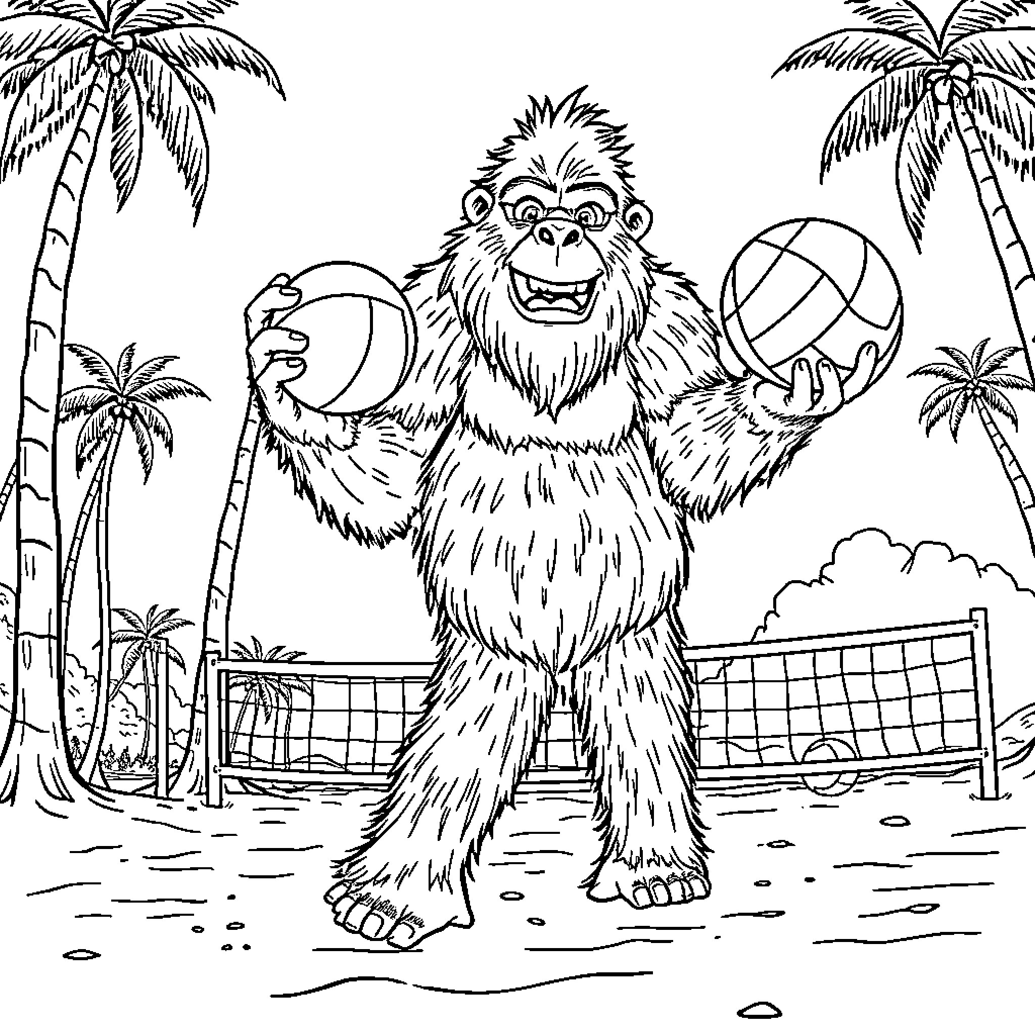 Bigfoot enjoying a beach volleyball game Coloring Page (free black-and-white line drawing printable PDF for all, from beginners to advanced learners, including children, teens, adults, and seniors)