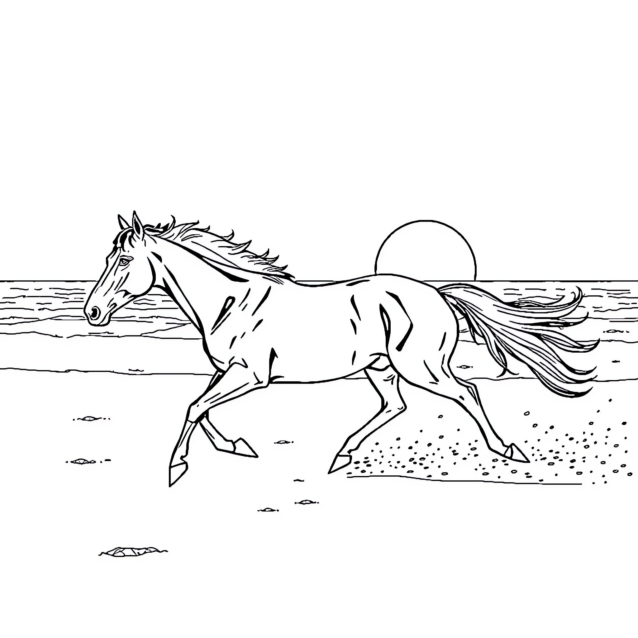 Horse galloping freely across the landscape Coloring Page (free black-and-white line drawing printable PDF for all, from beginners to advanced learners, including children, teens, adults, and seniors)