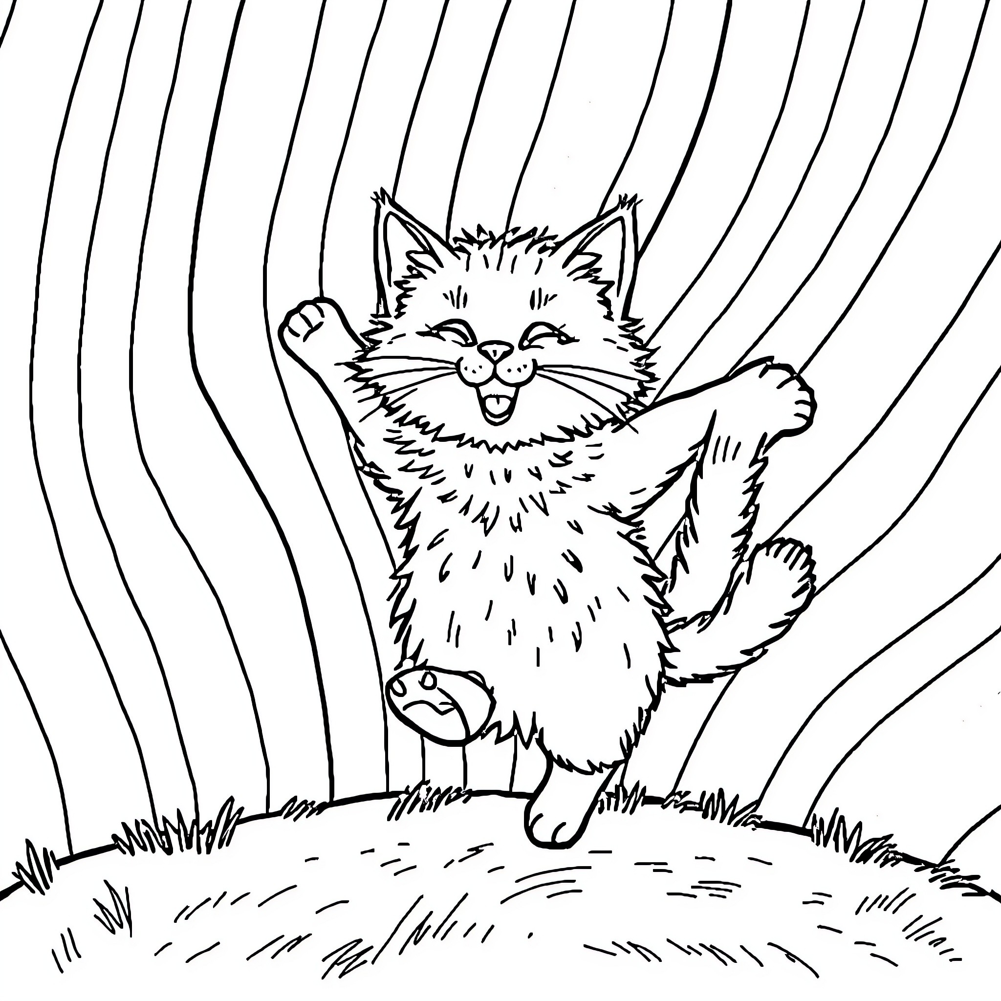 Cat delightfully standing in the grass Coloring Page (free black-and-white line drawing printable PDF for all, from beginners to advanced learners, including children, teens, adults, and seniors)