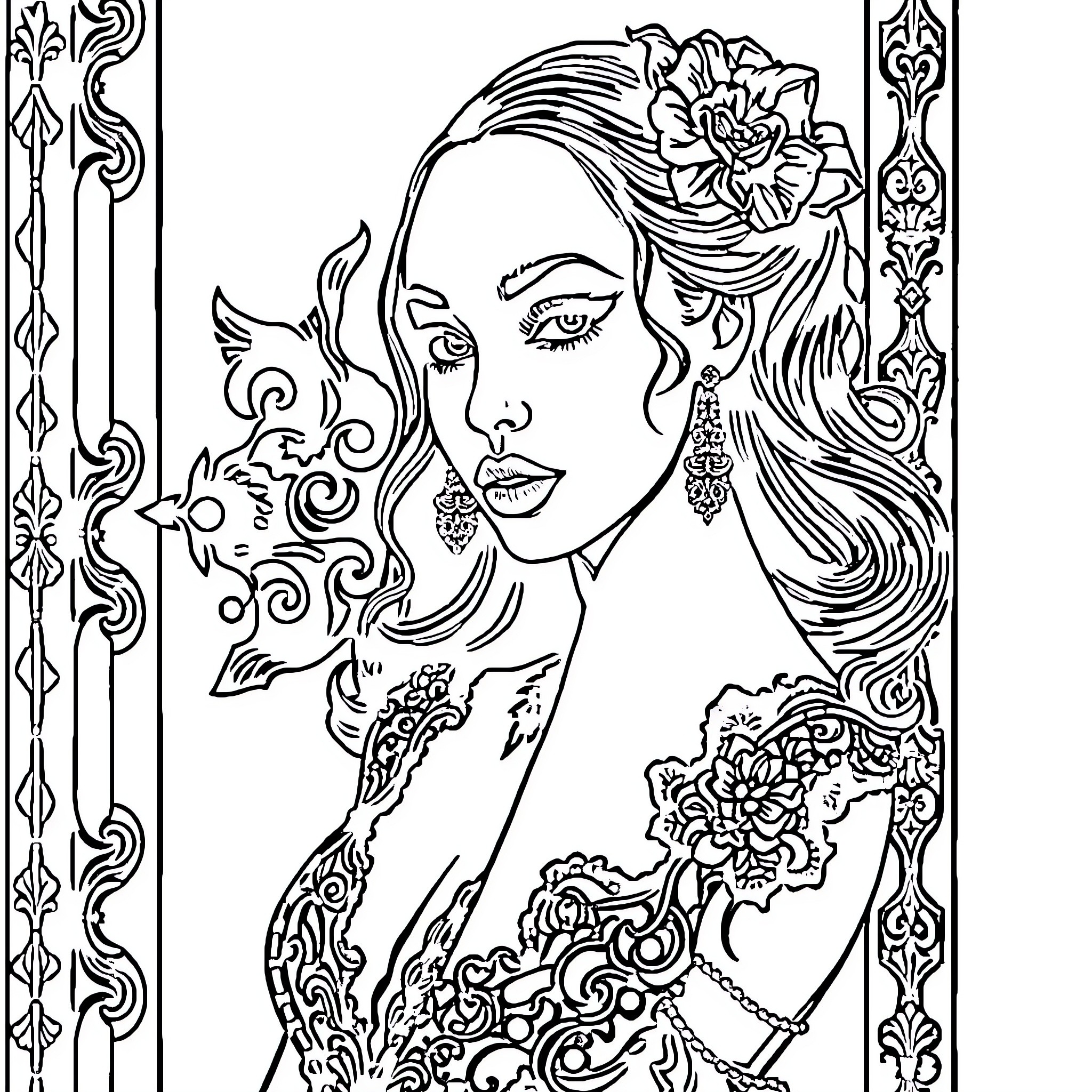 Michelle Jackson displaying intricate floral headpiece and ornate jewelry Coloring Page (free black-and-white line drawing printable PDF for all, from beginners to advanced learners, including children, teens, adults, and seniors)