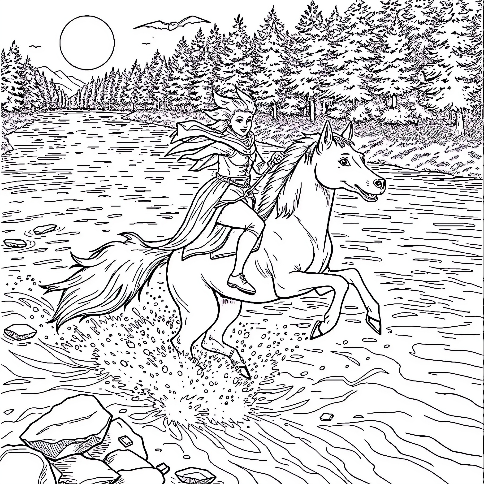 Man-Dog Riding Horse through Magical Forest Coloring Page (free black-and-white line drawing printable PDF for all, from beginners to advanced learners, including children, teens, adults, and seniors)