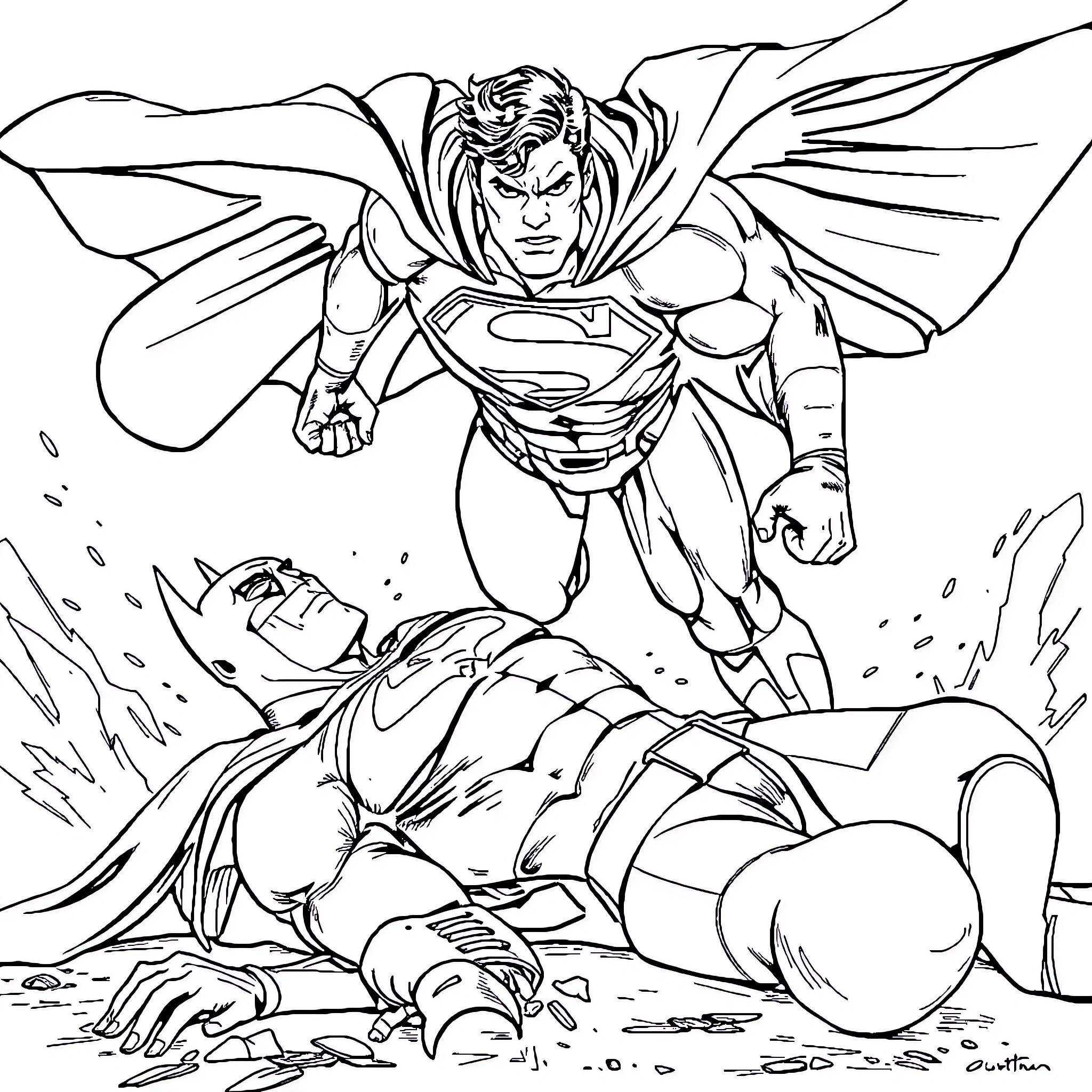 Superman heroically rescuing fallen person Coloring Page (free black-and-white line drawing printable PDF for all, from beginners to advanced learners, including children, teens, adults, and seniors)