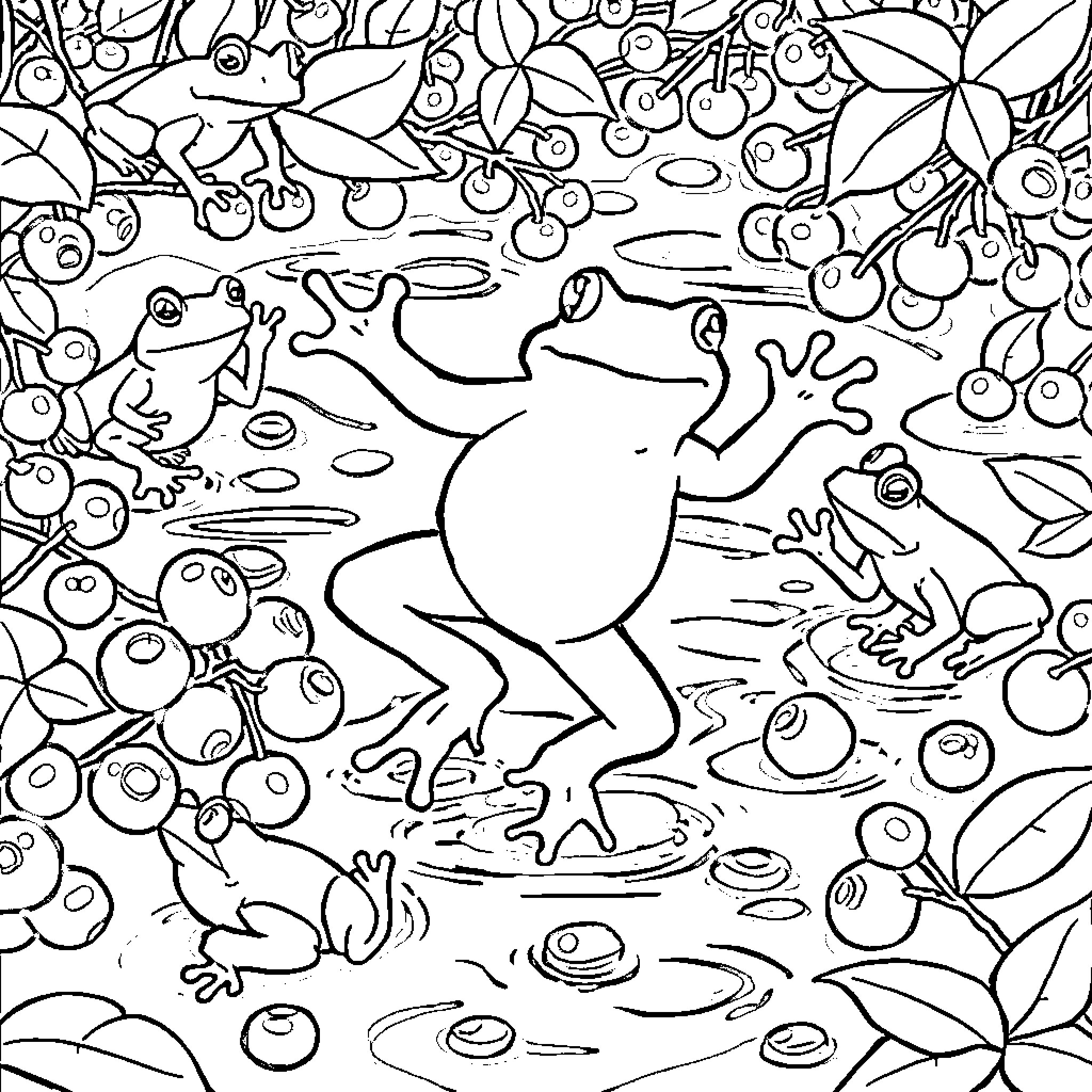 Frogs hopping amidst nature's bounty Coloring Page (free black-and-white line drawing printable PDF for all, from beginners to advanced learners, including children, teens, adults, and seniors)