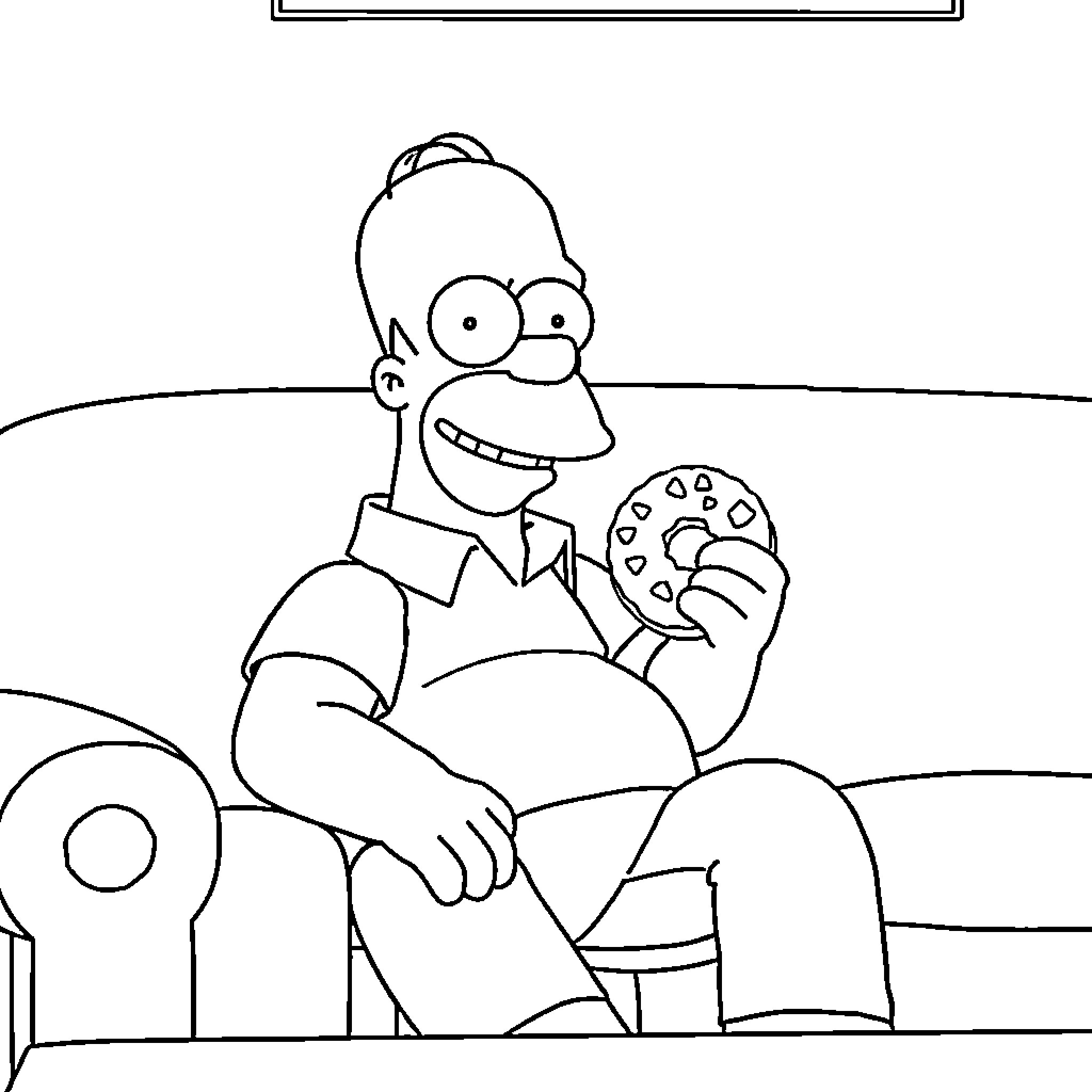 Homer Simpson enjoying donuts on the couch Coloring Page (free black-and-white line drawing printable PDF for all, from beginners to advanced learners, including children, teens, adults, and seniors)