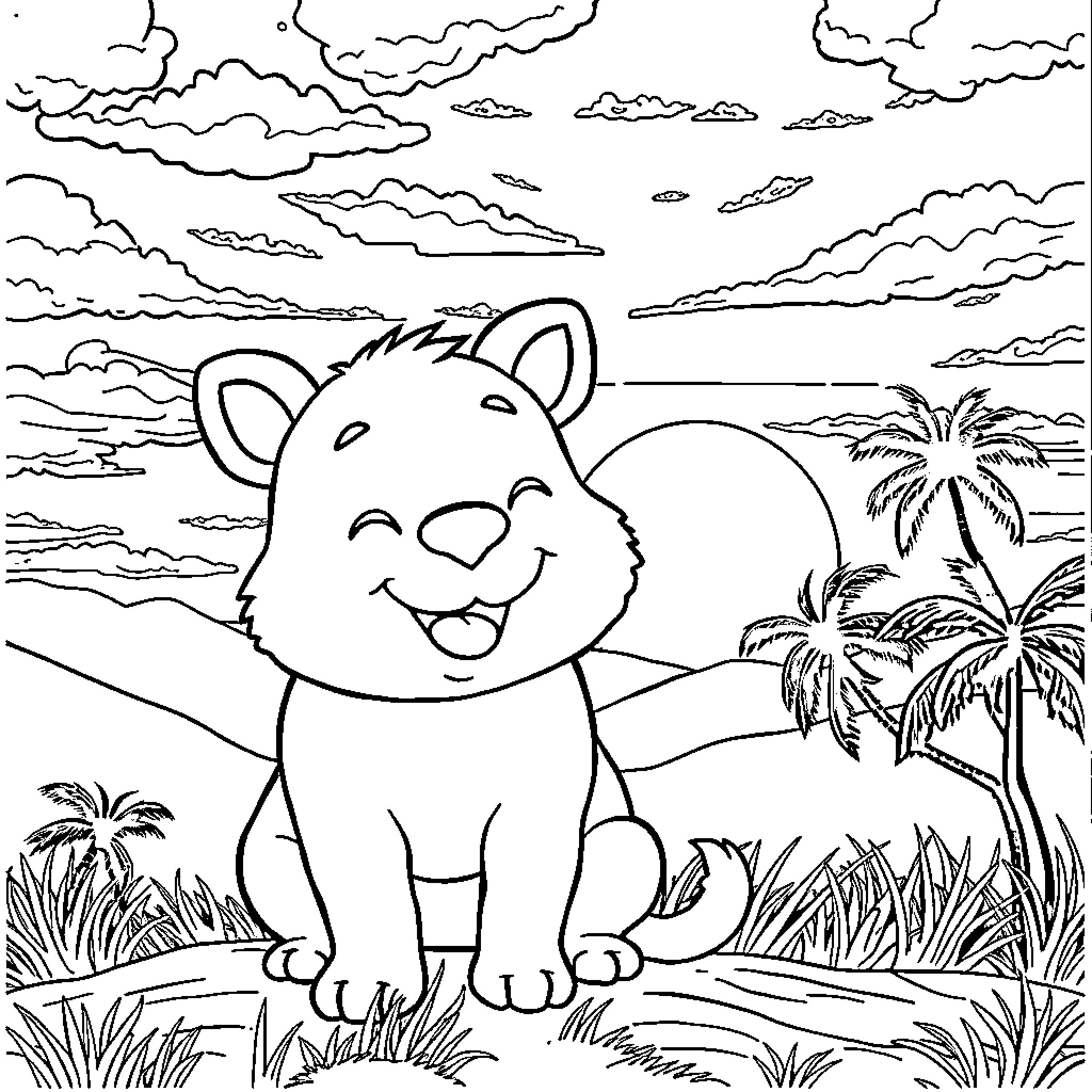 Labubu's Tropical Adventure Coloring Page (free black-and-white line drawing printable PDF for all, from beginners to advanced learners, including children, teens, adults, and seniors)