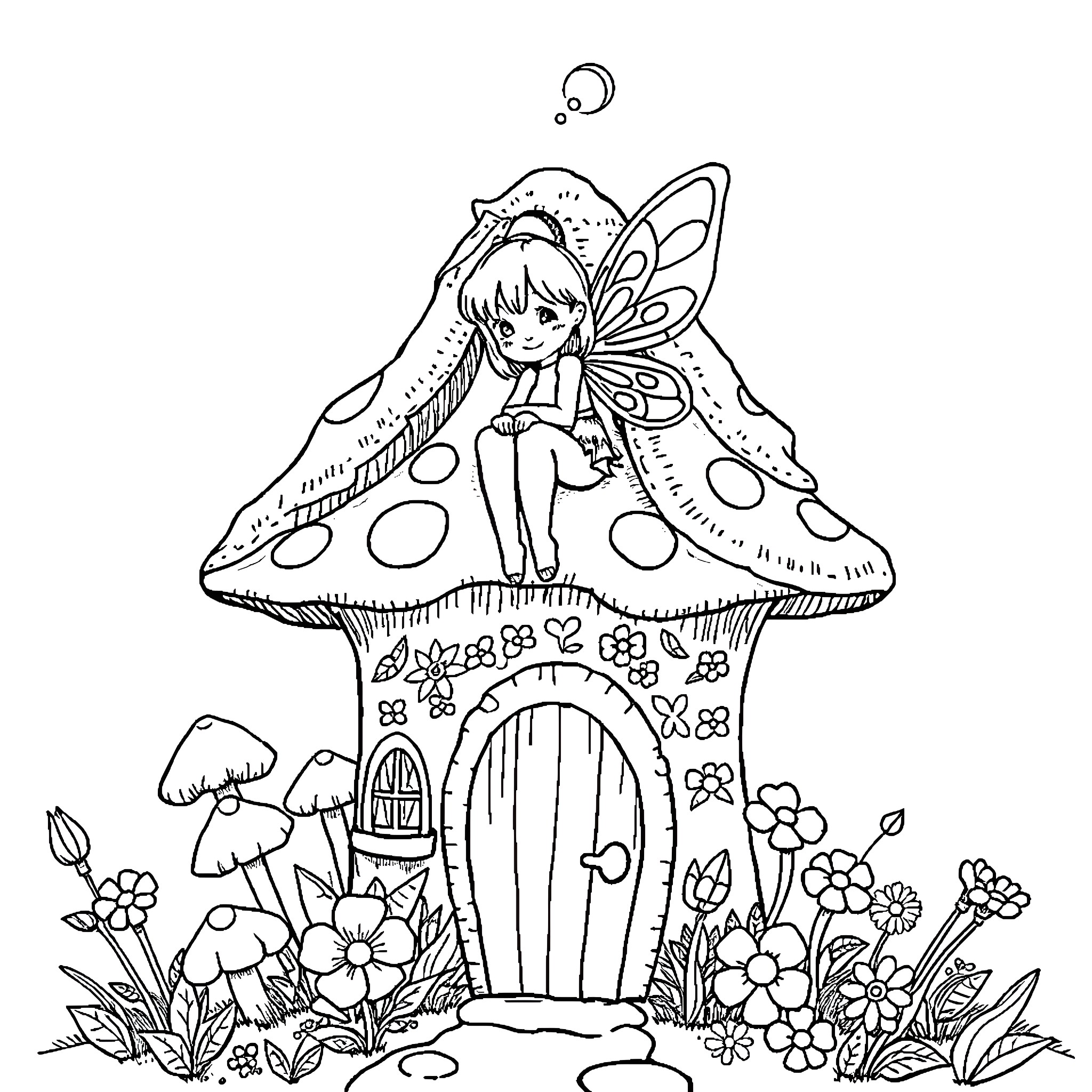 Fairy sitting atop a whimsical mushroom house Coloring Page (free black-and-white line drawing printable PDF for all, from beginners to advanced learners, including children, teens, adults, and seniors)