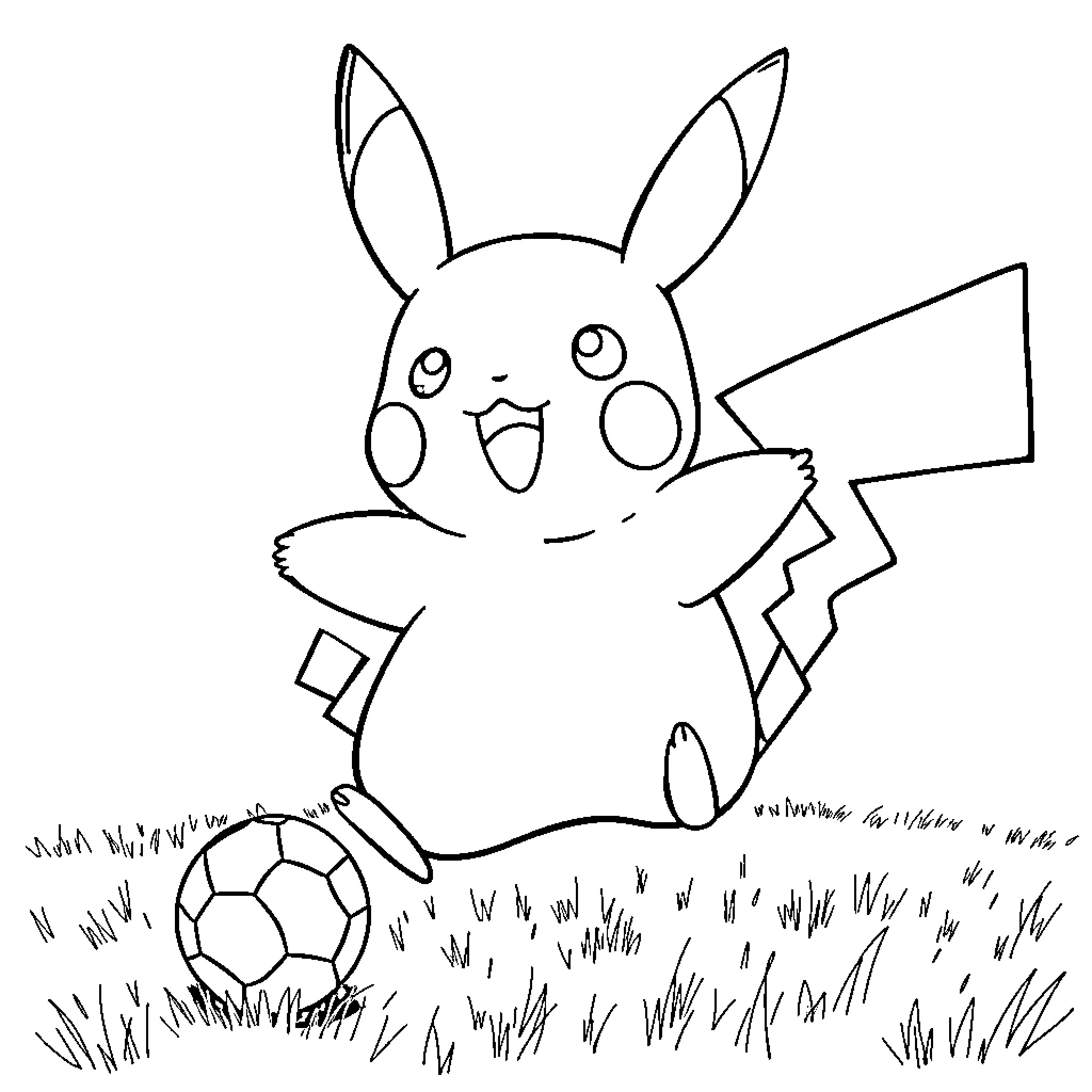 Pikachu playing with soccer ball in field Coloring Page (free black-and-white line drawing printable PDF for all, from beginners to advanced learners, including children, teens, adults, and seniors)