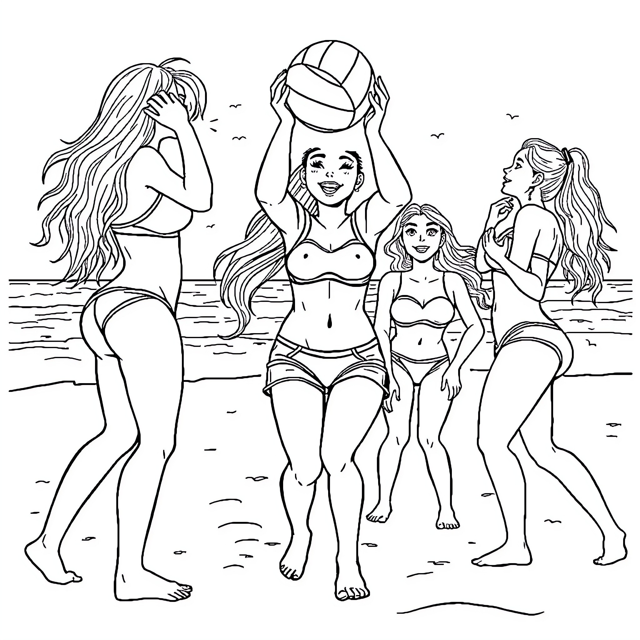 Sabrina Carpenter and friends enjoy a beach volleyball game Coloring Page (free black-and-white line drawing printable PDF for all, from beginners to advanced learners, including children, teens, adults, and seniors)