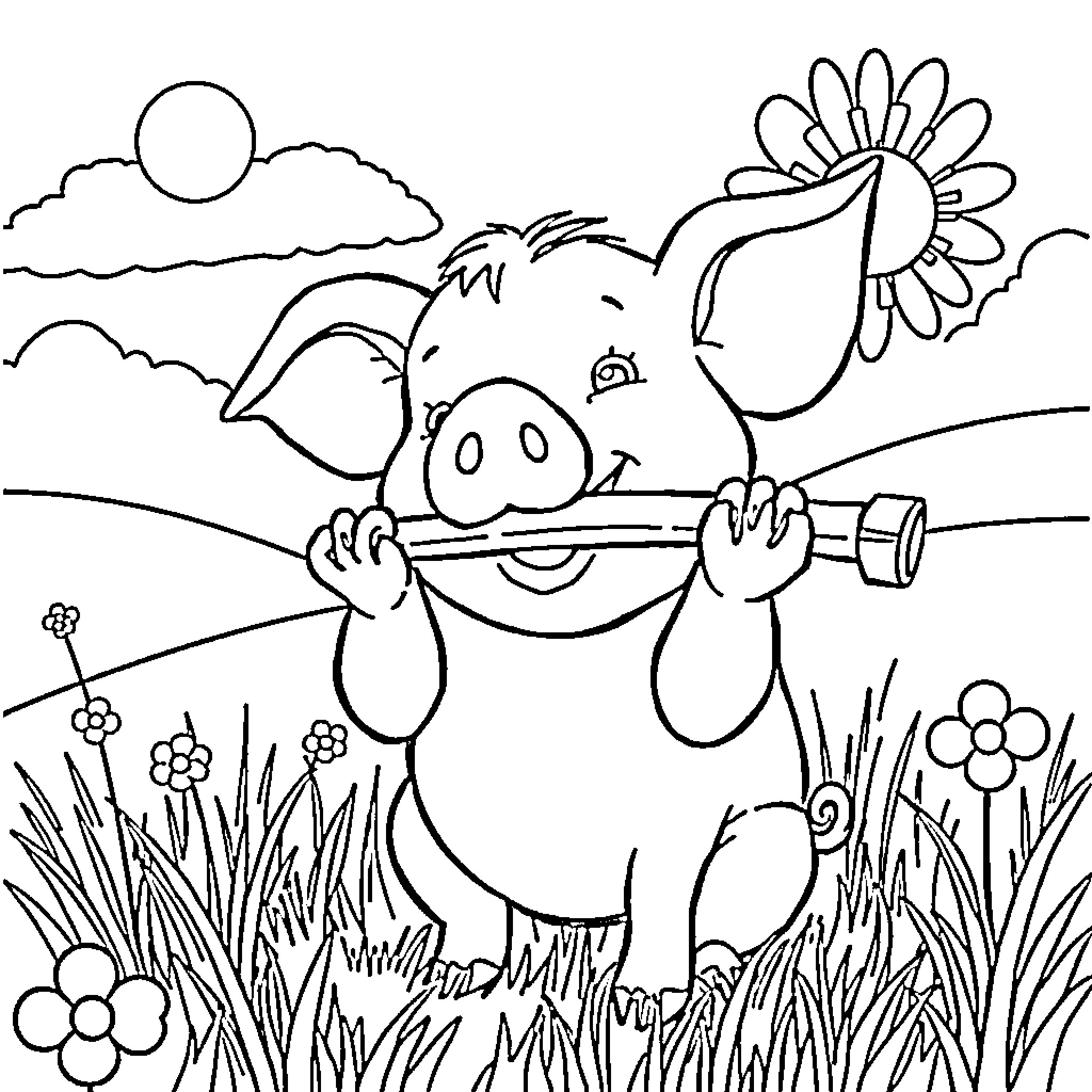 Pig enjoying a sunny day in the garden Coloring Page (free black-and-white line drawing printable PDF for all, from beginners to advanced learners, including children, teens, adults, and seniors)