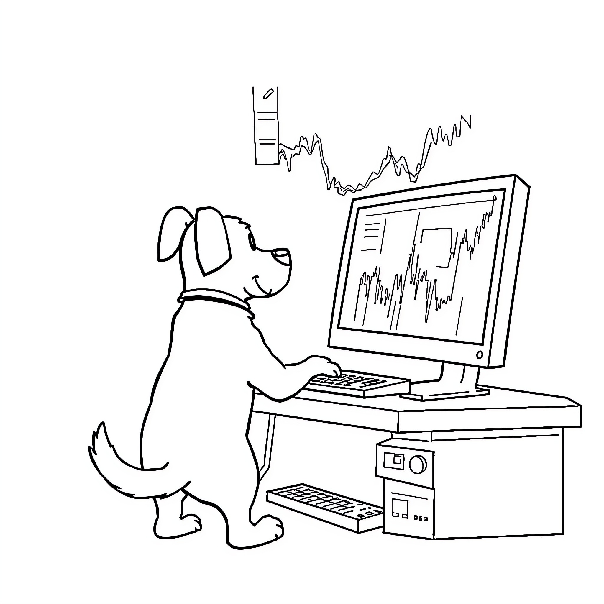 Dog monitoring stock market data on computer Coloring Page (free black-and-white line drawing printable PDF for all, from beginners to advanced learners, including children, teens, adults, and seniors)