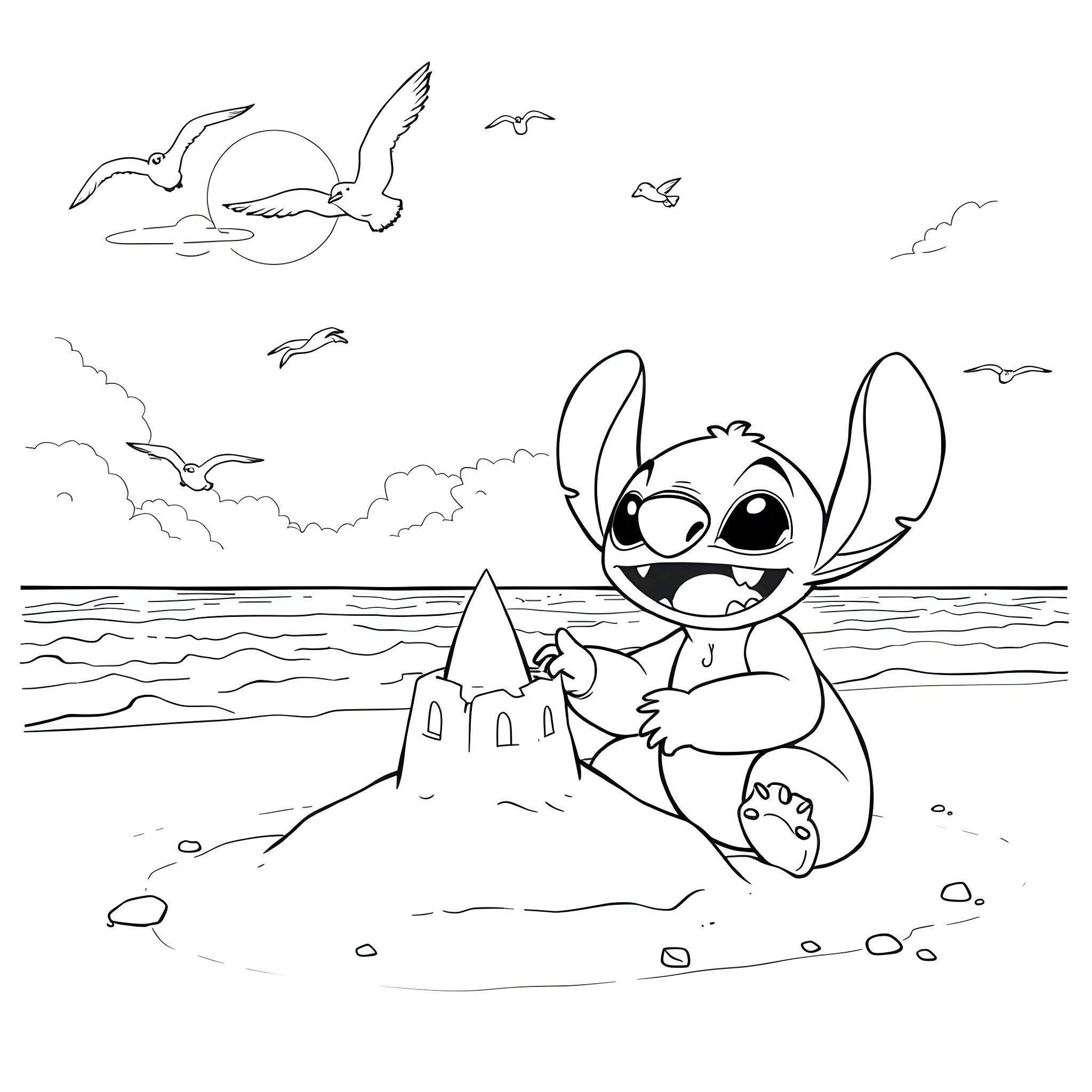 Bluey building a sandcastle by the beach Coloring Page (free black-and-white line drawing printable PDF for all, from beginners to advanced learners, including children, teens, adults, and seniors)