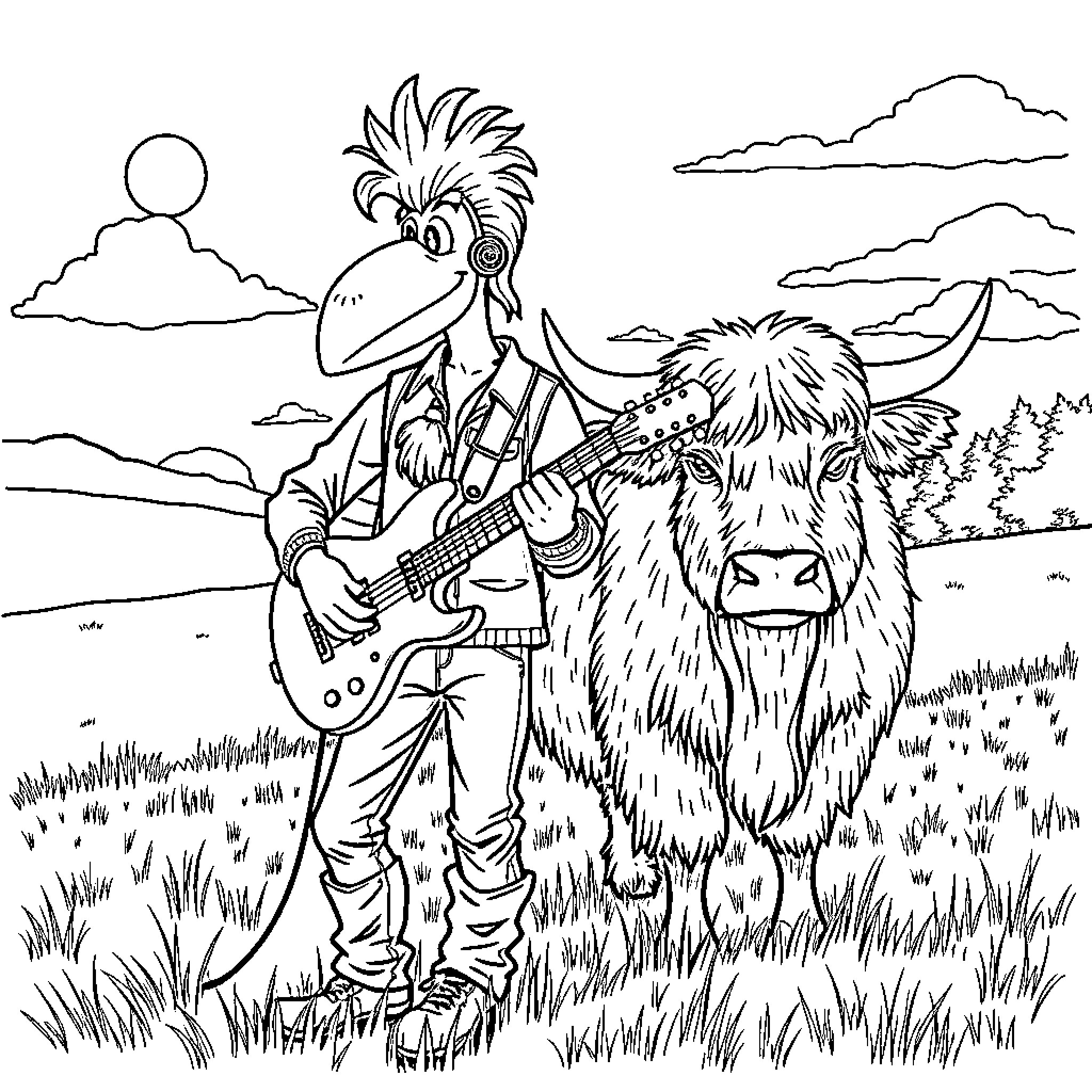 Guitarist and his hairy companion playing in the meadow Coloring Page (free black-and-white line drawing printable PDF for all, from beginners to advanced learners, including children, teens, adults, and seniors)