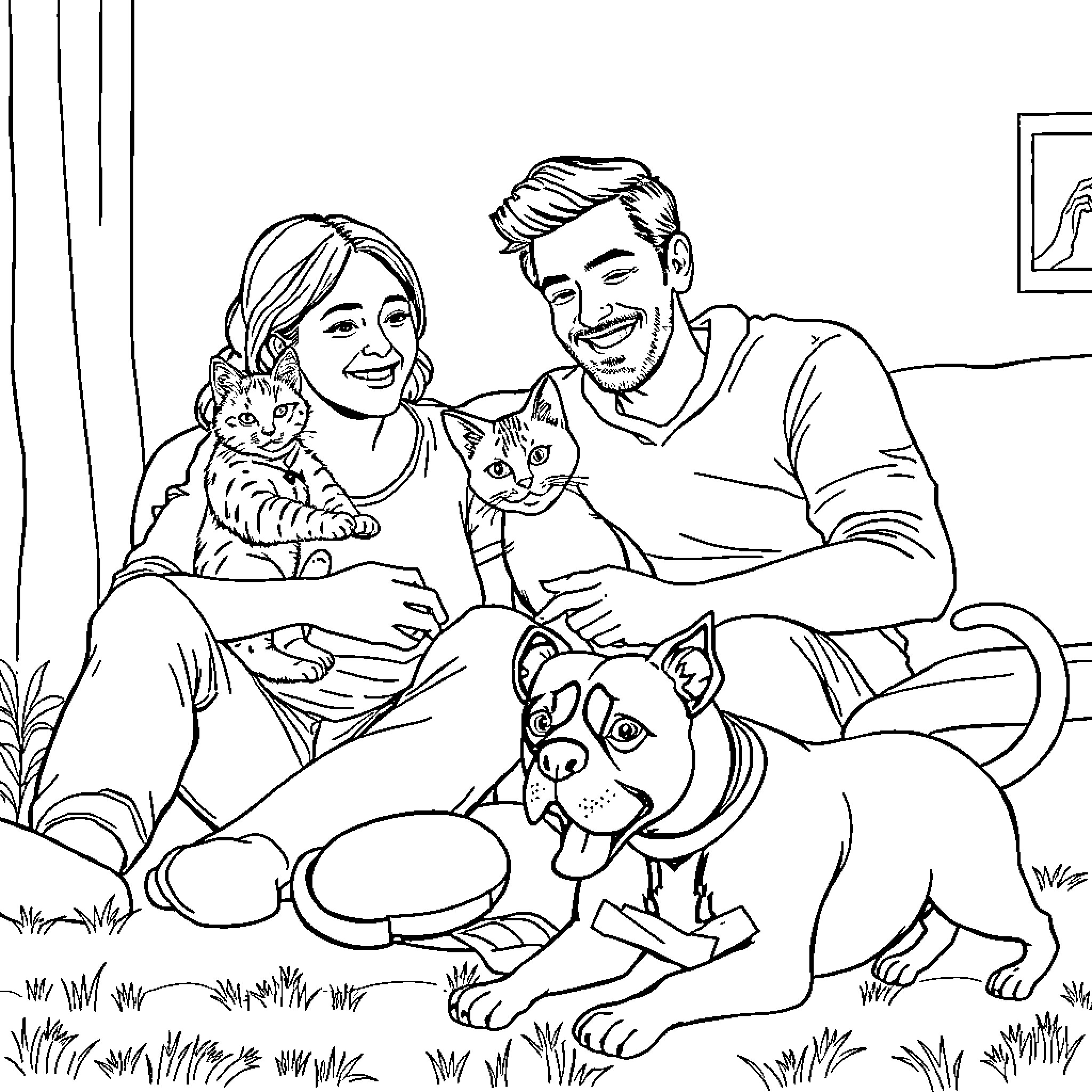 Cat and family enjoying a cozy day together Coloring Page (free black-and-white line drawing printable PDF for all, from beginners to advanced learners, including children, teens, adults, and seniors)