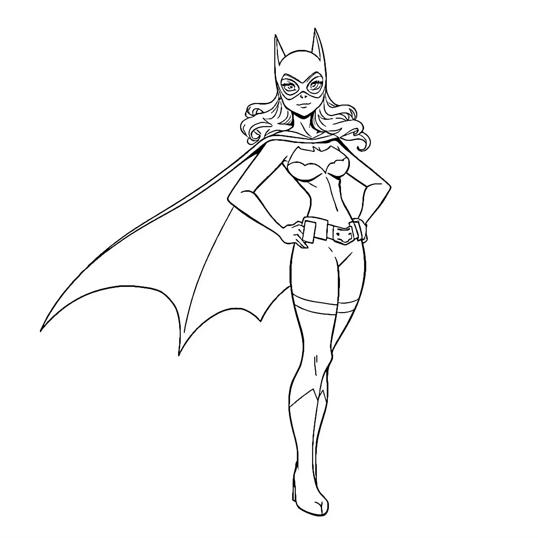 Batgirl in heroic stance with cape and costume Coloring Page (free black-and-white line drawing printable PDF for all, from beginners to advanced learners, including children, teens, adults, and seniors)