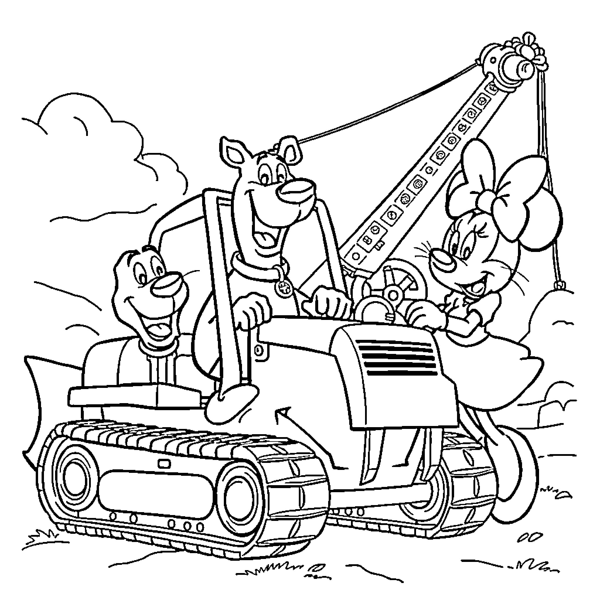 Scooby Doo and friends explore in a construction vehicle Coloring Page (free black-and-white line drawing printable PDF for all, from beginners to advanced learners, including children, teens, adults, and seniors)