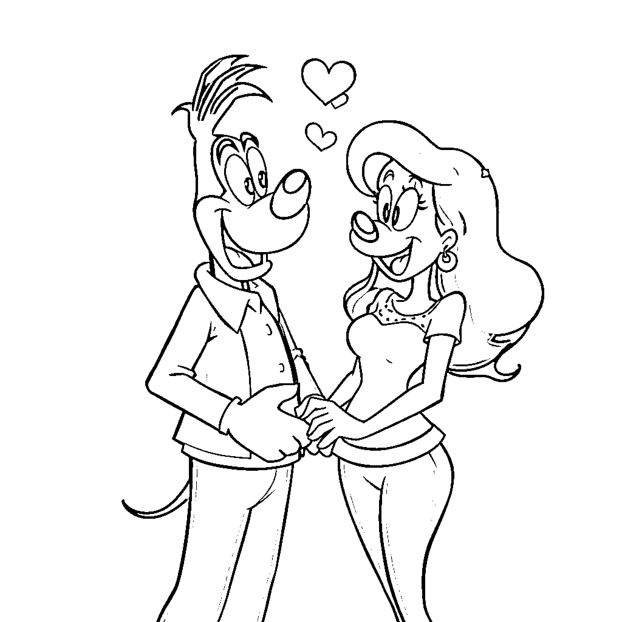 Max Goof and Girlfriend Happily Dancing Together Coloring Page (free black-and-white line drawing printable PDF for all, from beginners to advanced learners, including children, teens, adults, and seniors)