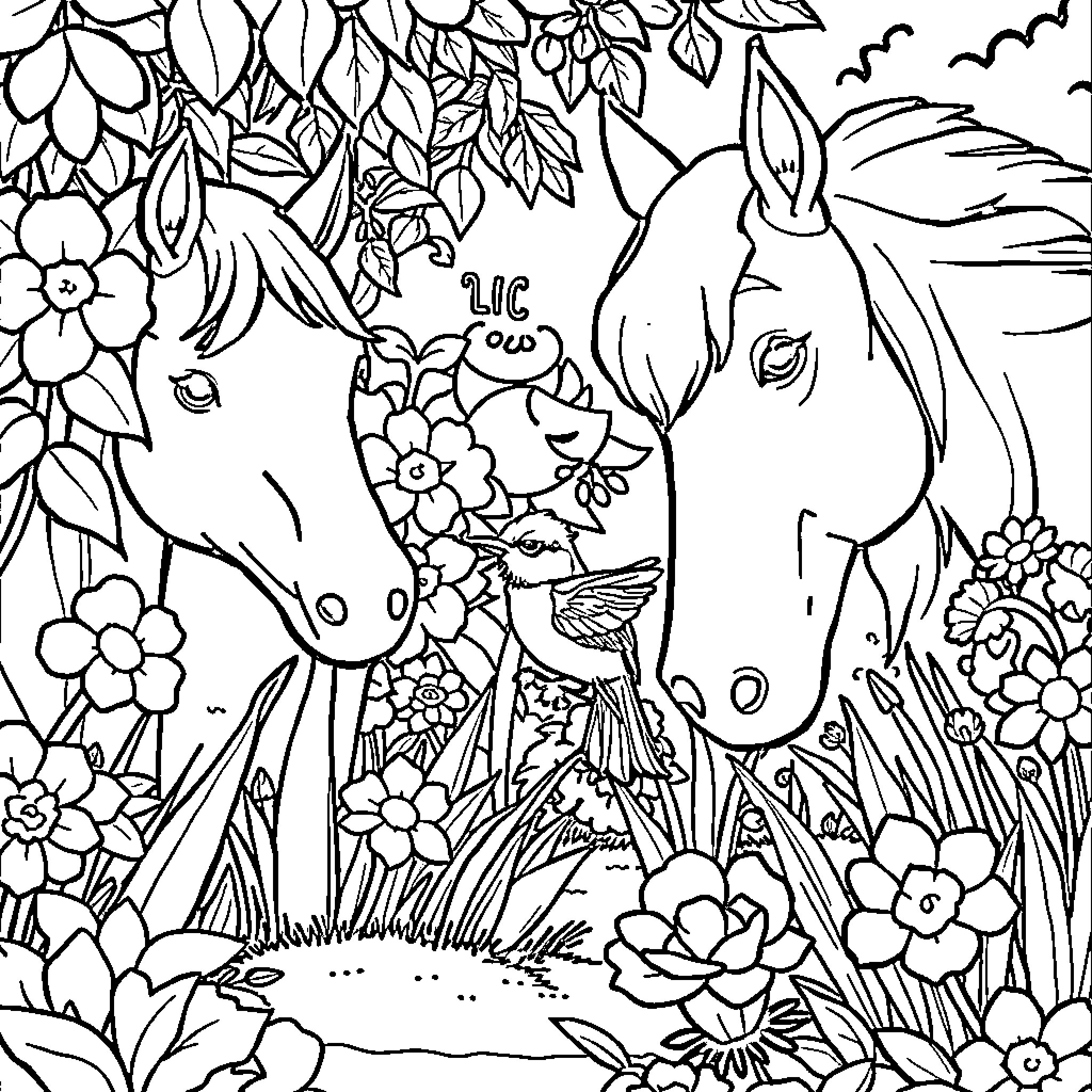 Ladybug exploring the floral meadow with horses Coloring Page (free black-and-white line drawing printable PDF for all, from beginners to advanced learners, including children, teens, adults, and seniors)