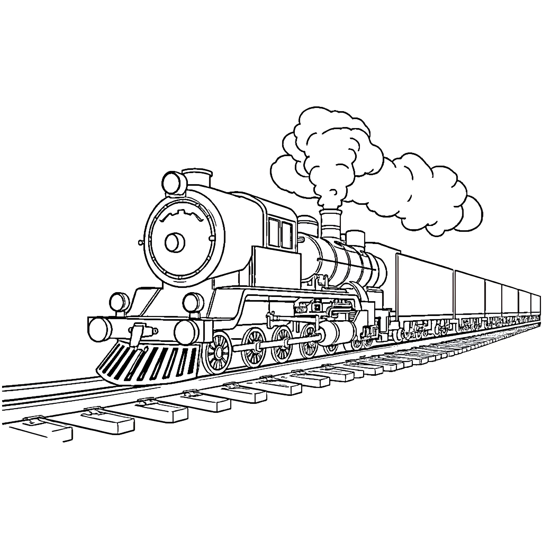 Train traveling along railway tracks Coloring Page (free black-and-white line drawing printable PDF for all, from beginners to advanced learners, including children, teens, adults, and seniors)