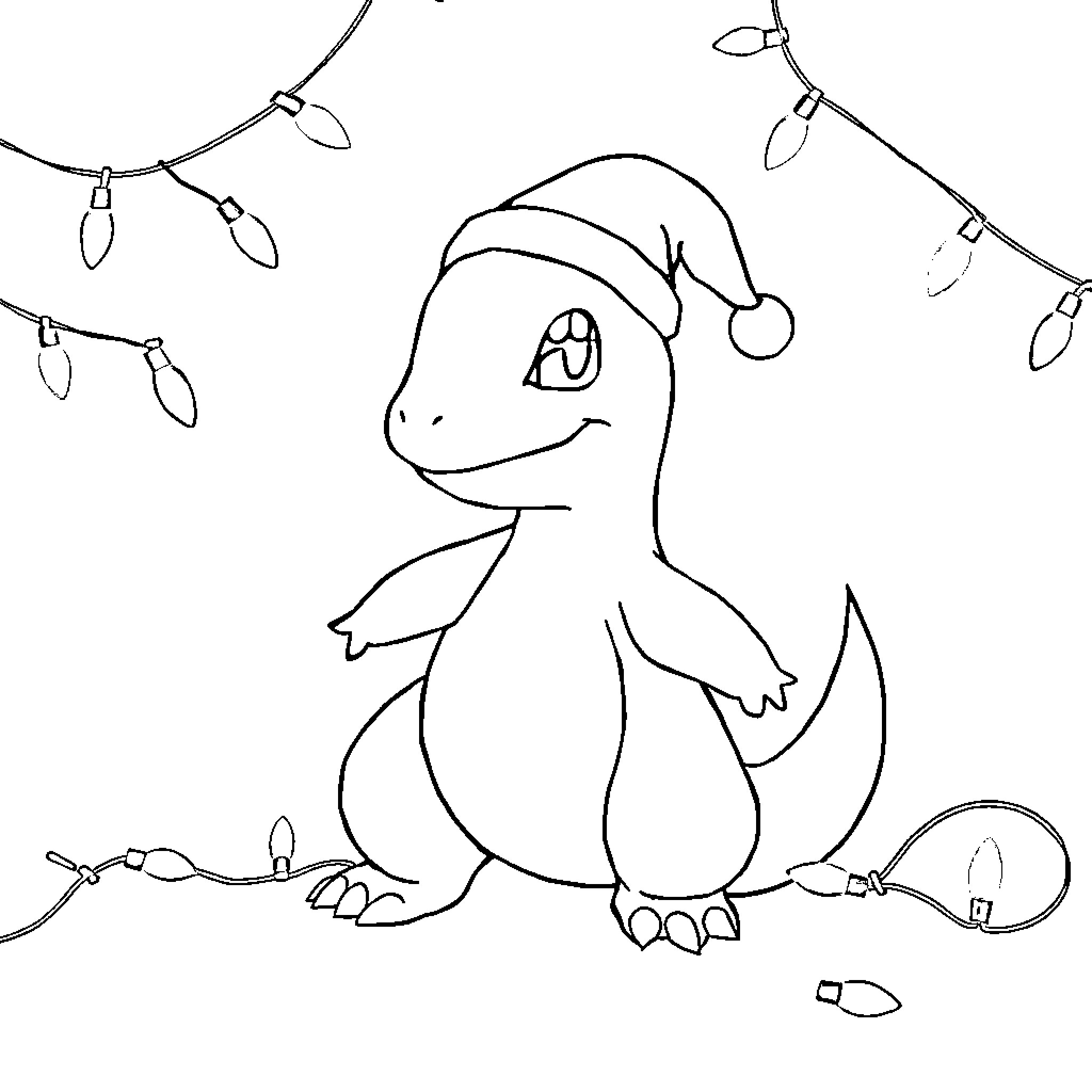 Charmander Celebrating with Christmas Lights Coloring Page (free black-and-white line drawing printable PDF for all, from beginners to advanced learners, including children, teens, adults, and seniors)