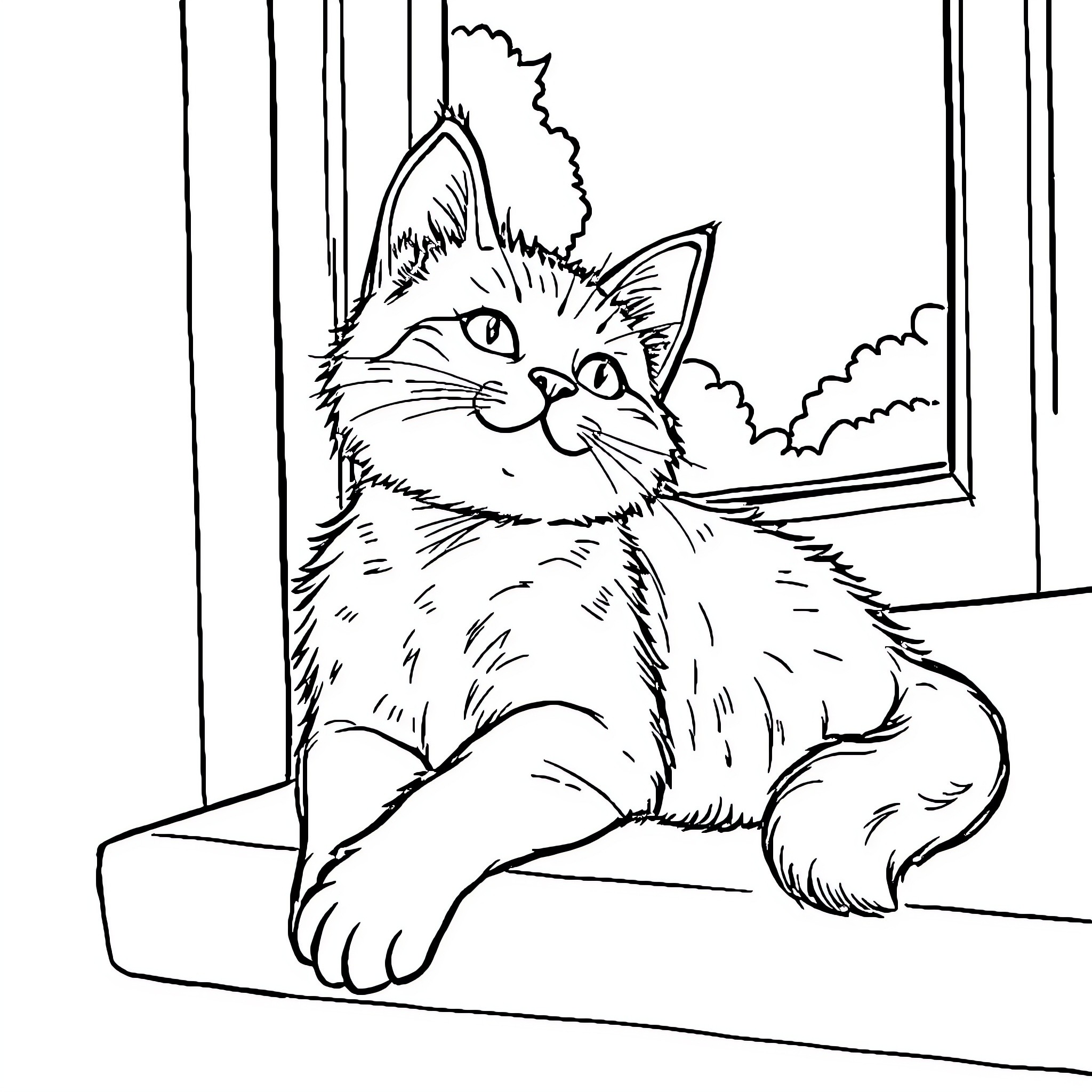 Cat gazing through window at cloudy sky Coloring Page (free black-and-white line drawing printable PDF for all, from beginners to advanced learners, including children, teens, adults, and seniors)