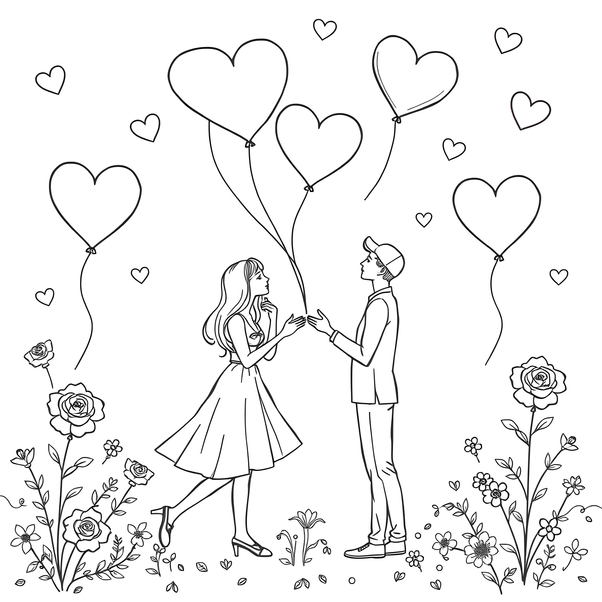 Valentine's Day Lovers with Heart-Shaped Balloons Coloring Page (free black-and-white line drawing printable PDF for all, from beginners to advanced learners, including children, teens, adults, and seniors)