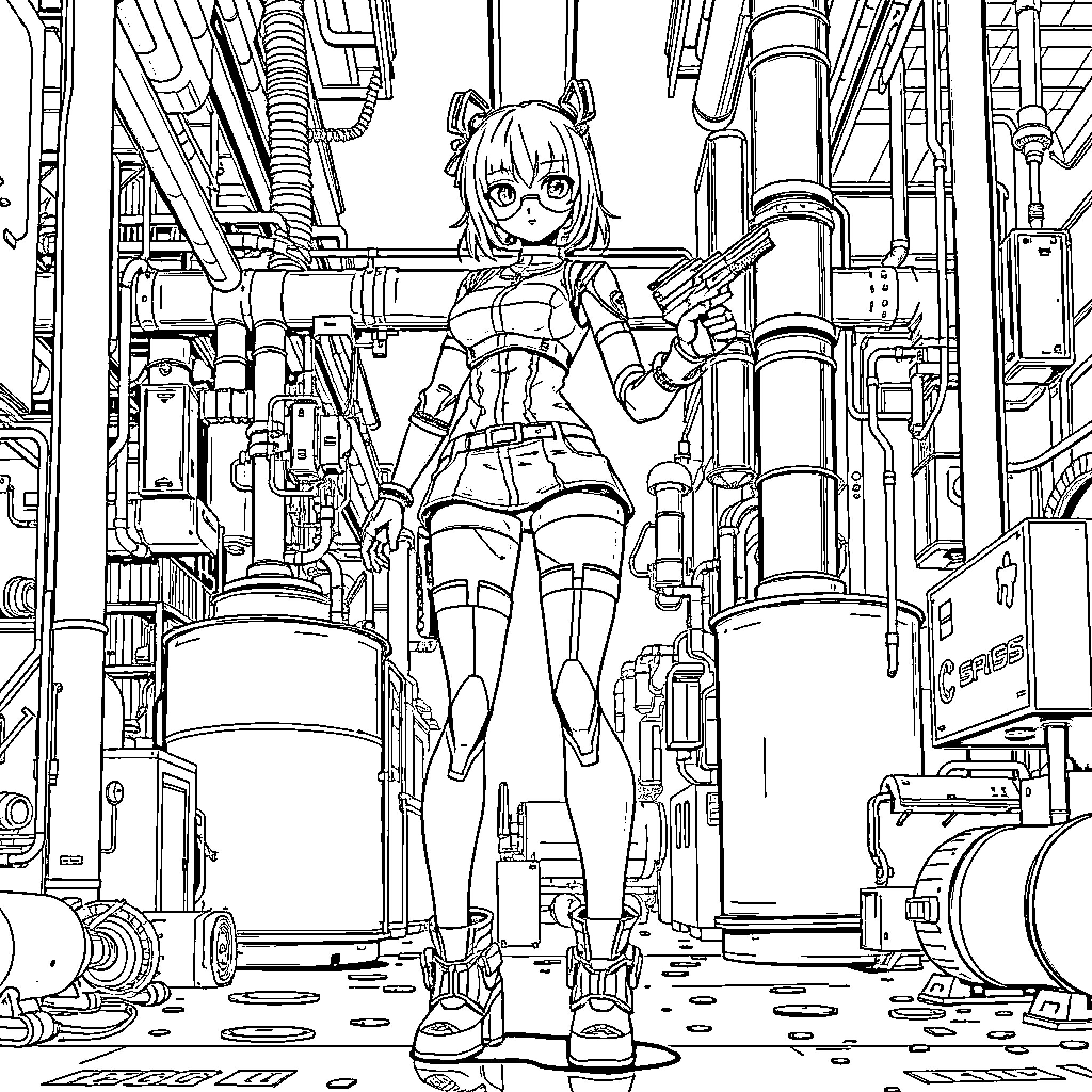 Cyborg Girl Exploring Futuristic Machinery Coloring Page (free black-and-white line drawing printable PDF for all, from beginners to advanced learners, including children, teens, adults, and seniors)