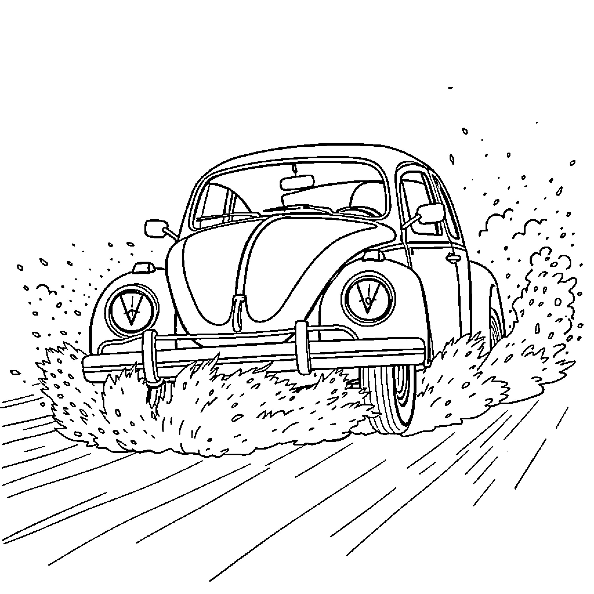 VW Beetle speeding through the countryside Coloring Page (free black-and-white line drawing printable PDF for all, from beginners to advanced learners, including children, teens, adults, and seniors)