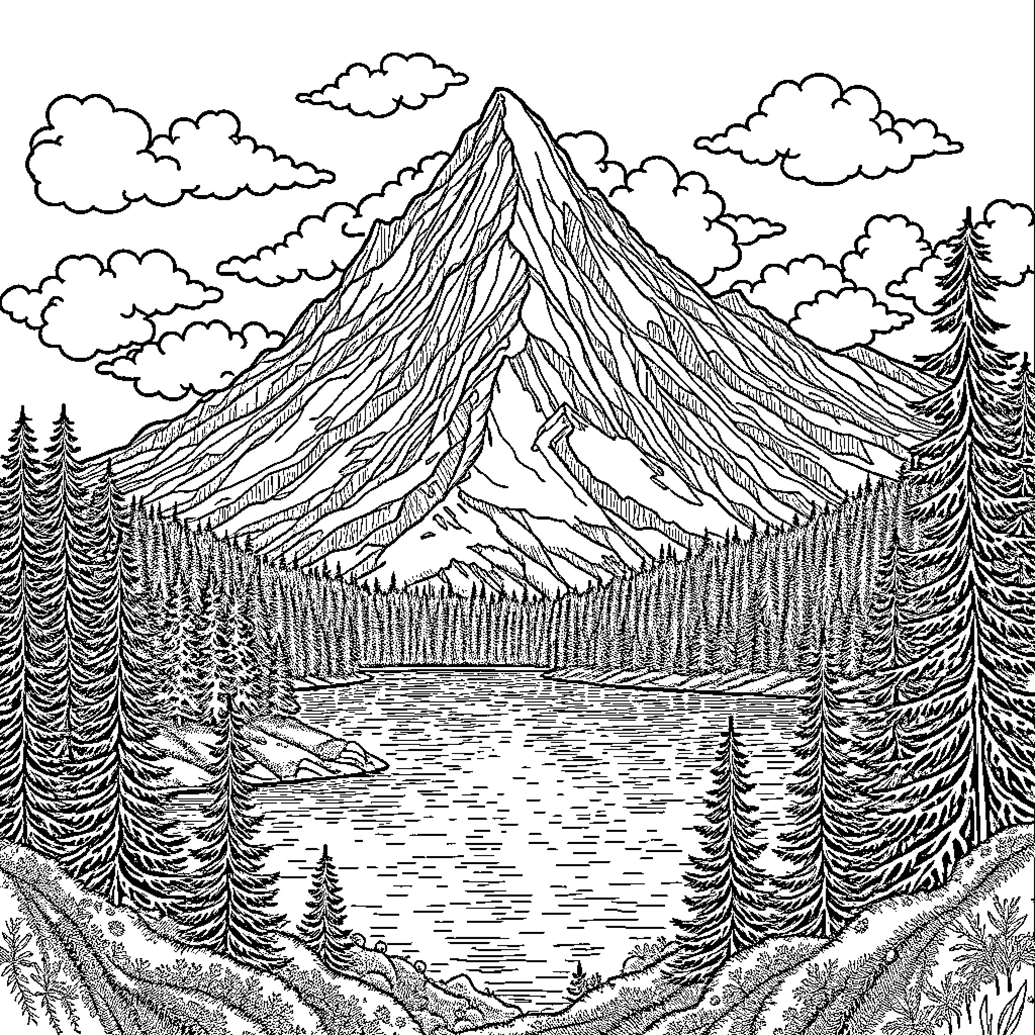 Nature's Majestic Mountain Landscape Coloring Page (free black-and-white line drawing printable PDF for all, from beginners to advanced learners, including children, teens, adults, and seniors)