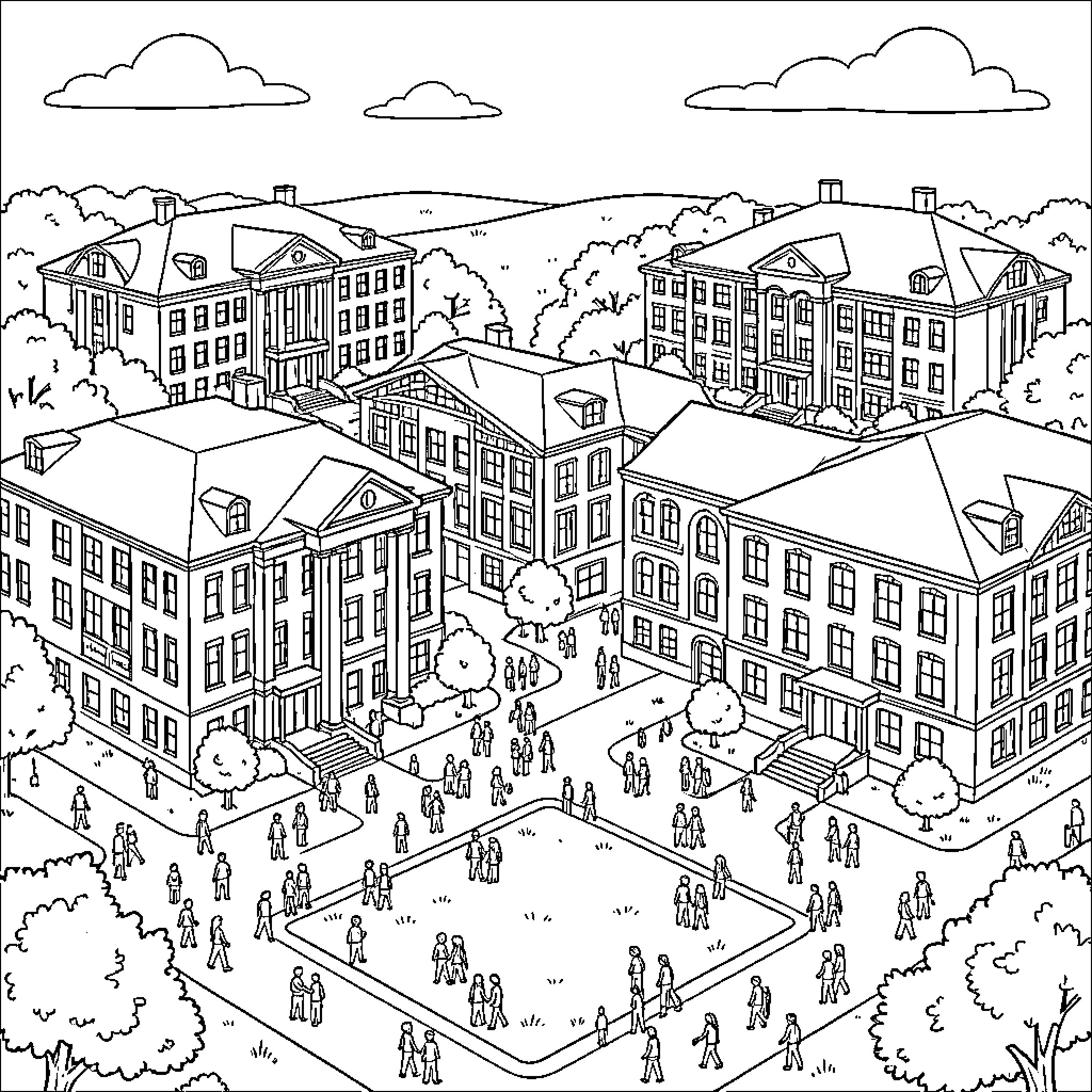 KSU students walking around a large university campus Coloring Page (free black-and-white line drawing printable PDF for all, from beginners to advanced learners, including children, teens, adults, and seniors)