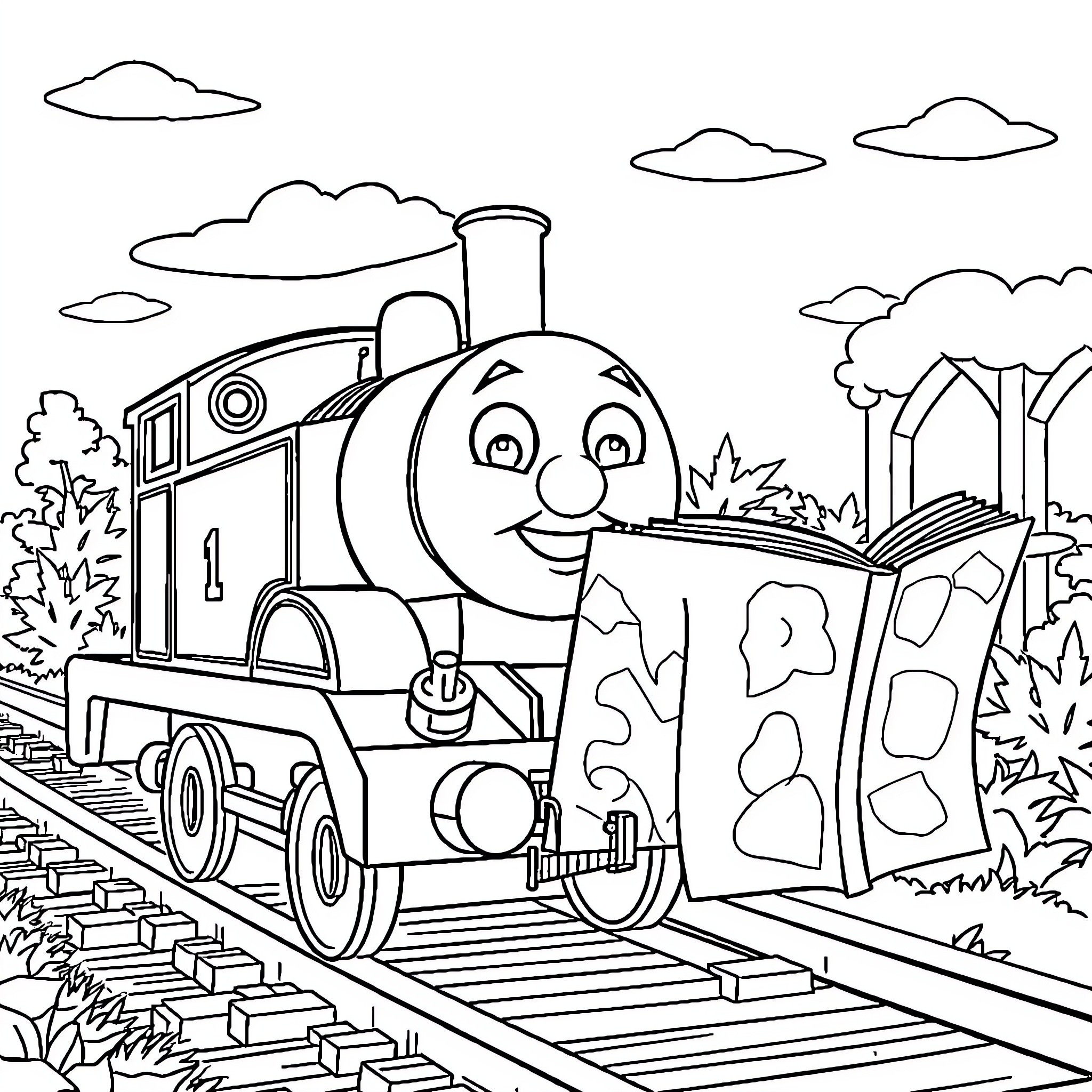 Thomas the Train Happily Travels through the Countryside Coloring Page (free black-and-white line drawing printable PDF for all, from beginners to advanced learners, including children, teens, adults, and seniors)