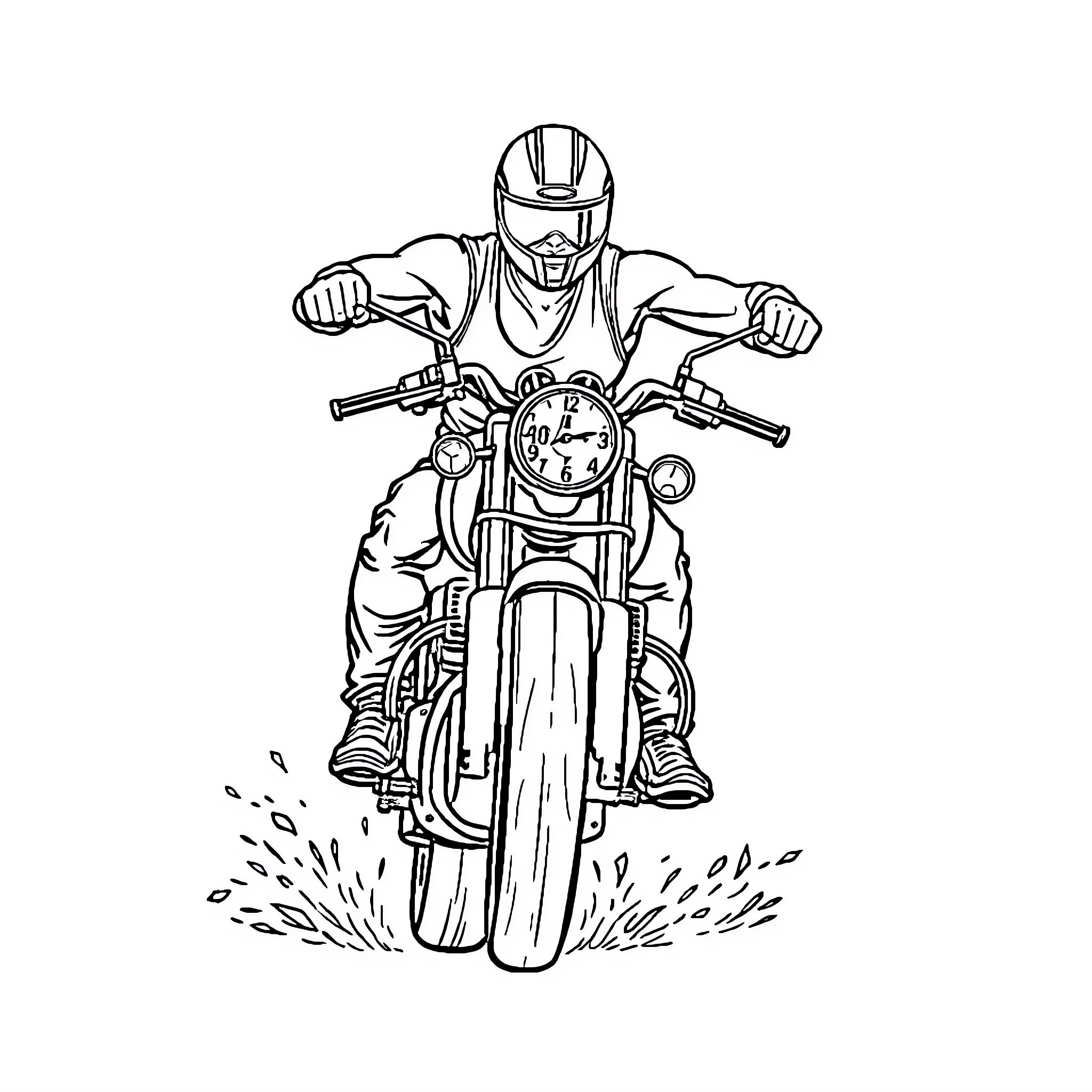 Moto Rider Racing Down the Road Coloring Page (free black-and-white line drawing printable PDF for all, from beginners to advanced learners, including children, teens, adults, and seniors)