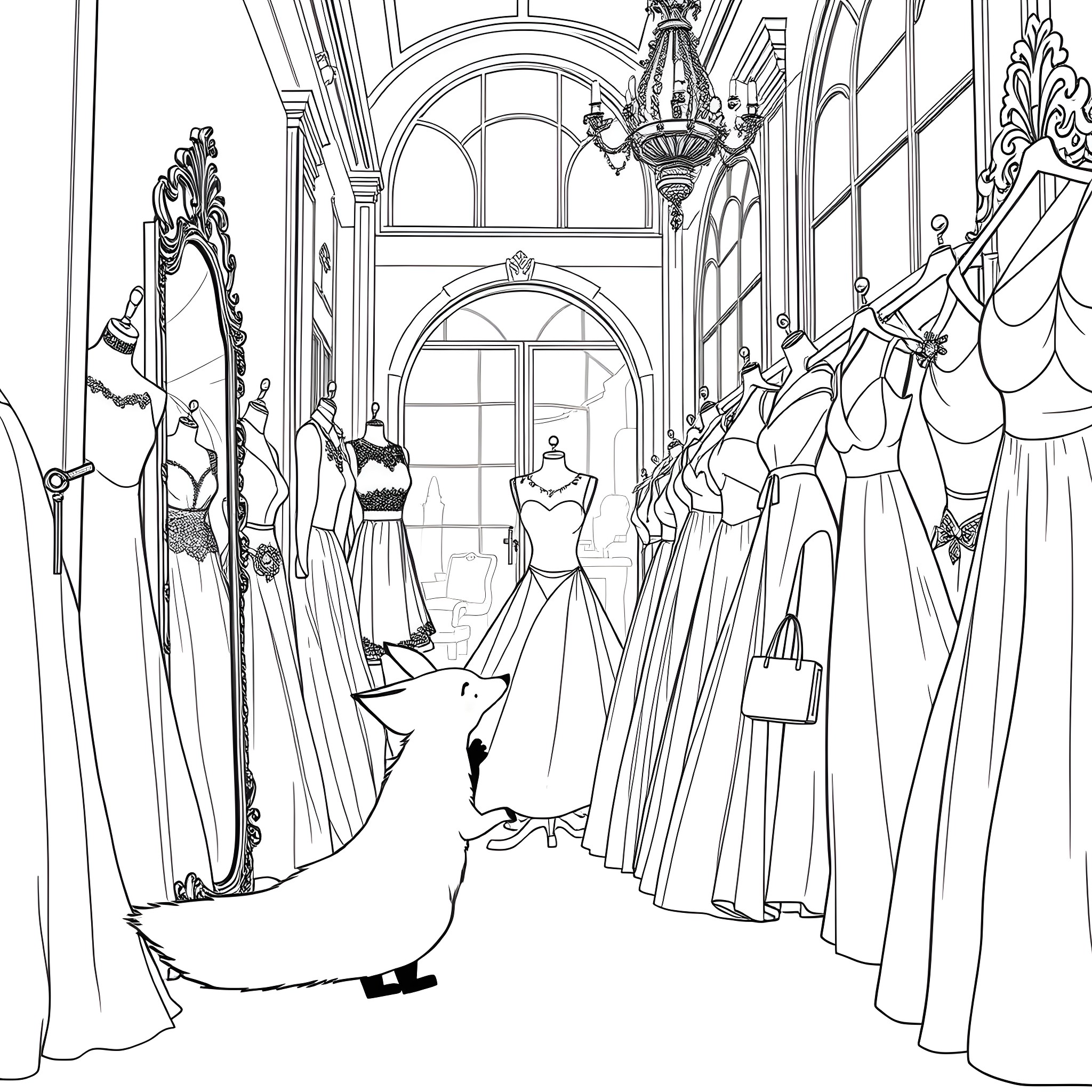 Fox fashion showcase in ornate palace setting Coloring Page (free black-and-white line drawing printable PDF for all, from beginners to advanced learners, including children, teens, adults, and seniors)