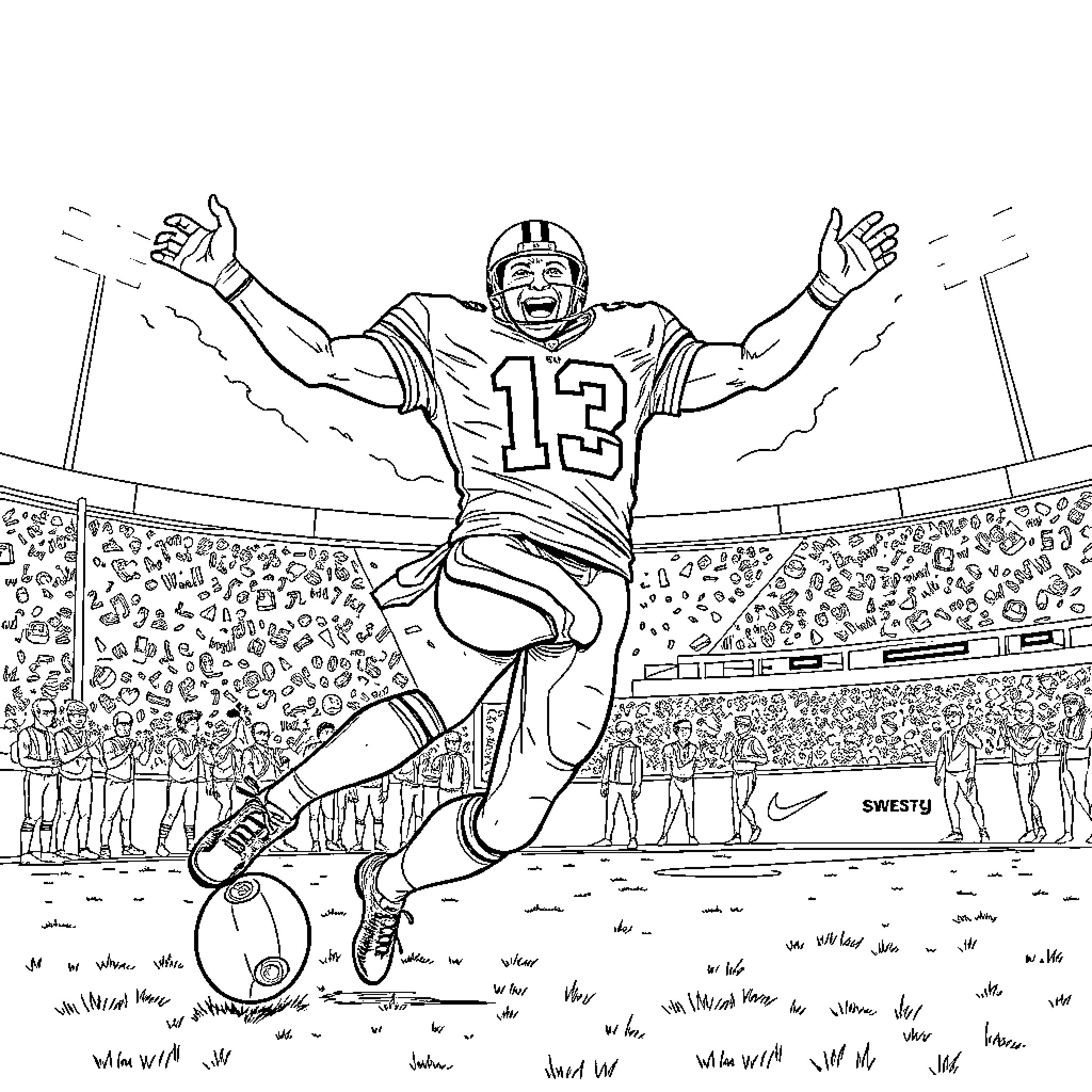Brandon Aubrey celebrating touchdown in football stadium Coloring Page (free black-and-white line drawing printable PDF for all, from beginners to advanced learners, including children, teens, adults, and seniors)