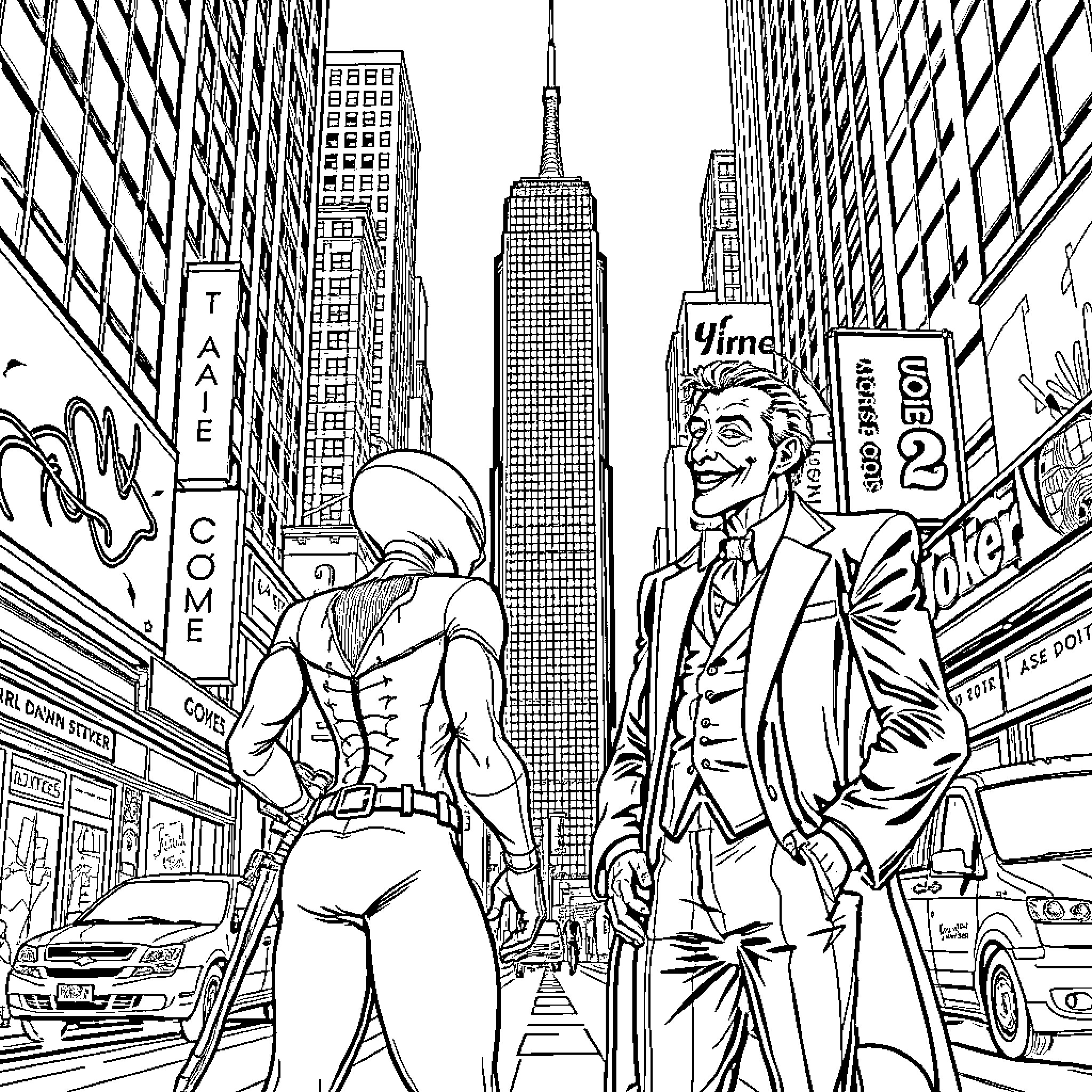 Goblin superhero and businessman in bustling city Coloring Page (free black-and-white line drawing printable PDF for all, from beginners to advanced learners, including children, teens, adults, and seniors)