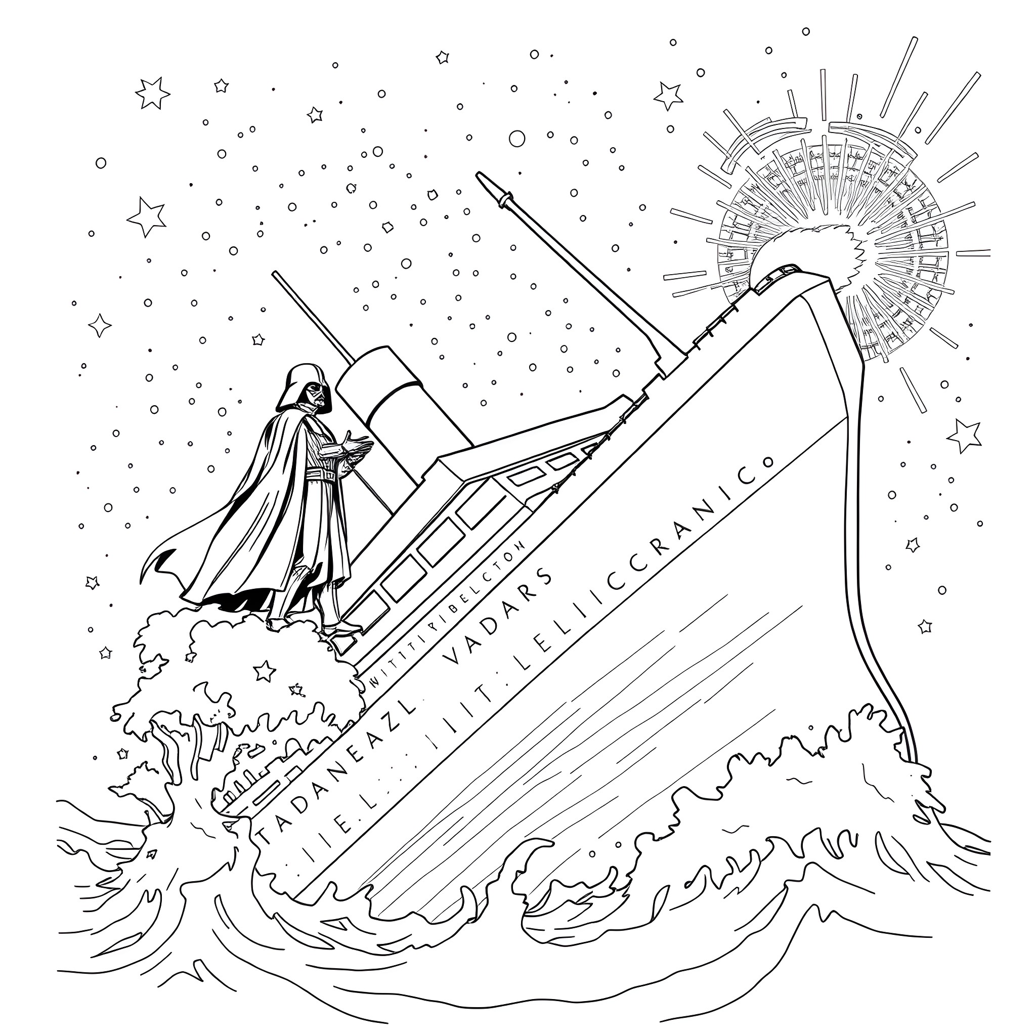 Titanic Sinking in Cosmic Starry Skies Coloring Page (free black-and-white line drawing printable PDF for all, from beginners to advanced learners, including children, teens, adults, and seniors)
