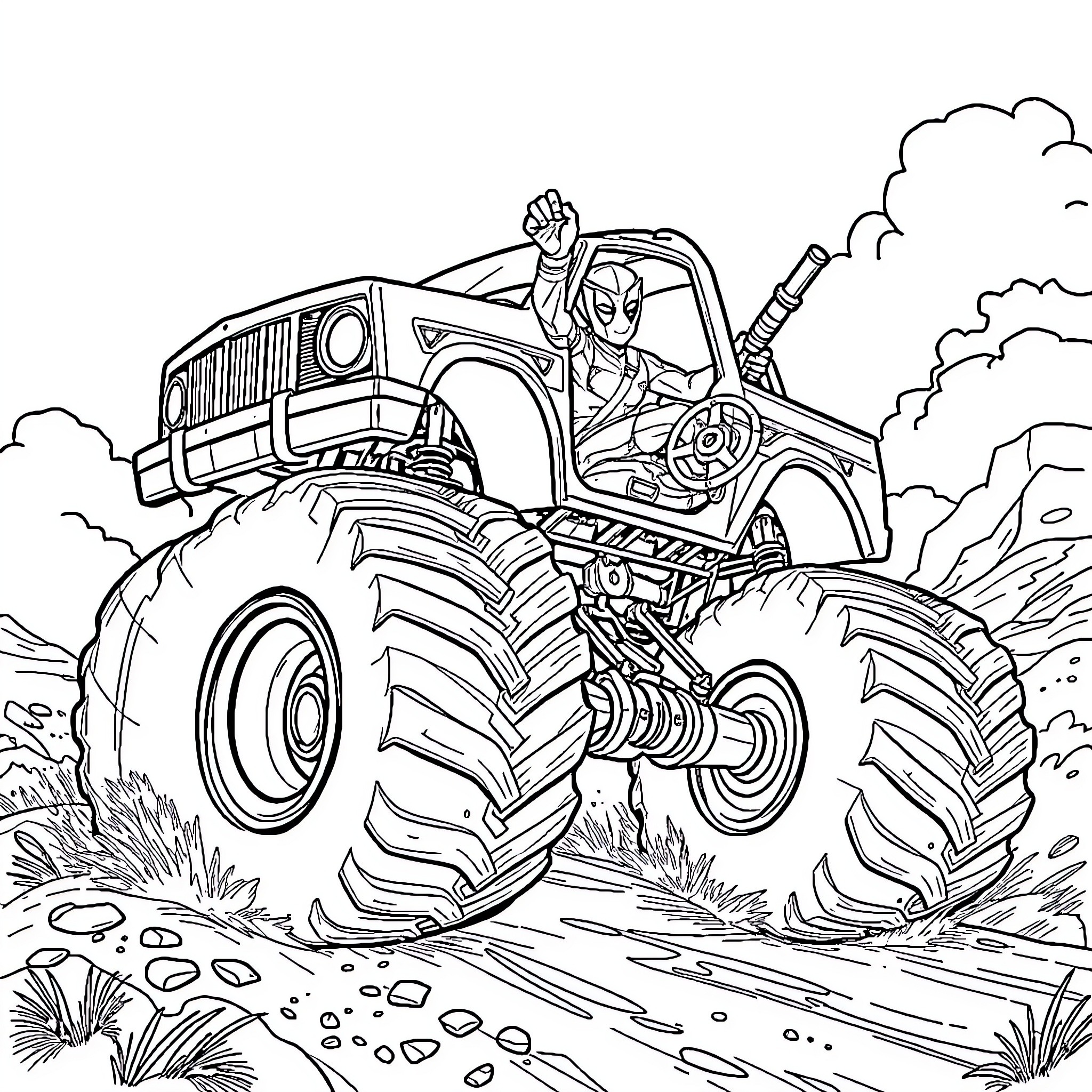 Deadpool's Monster Truck Adventure Coloring Page (free black-and-white line drawing printable PDF for all, from beginners to advanced learners, including children, teens, adults, and seniors)